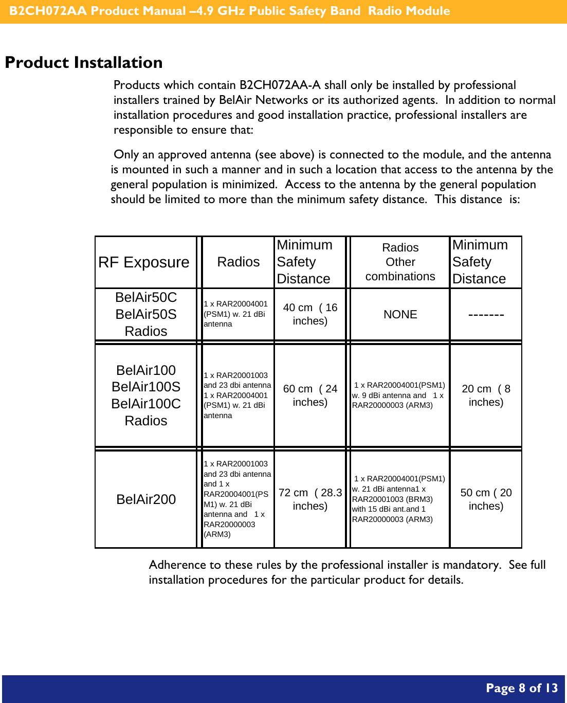    B2CH072AA Product Manual –4.9 GHz Public Safety Band  Radio Module       Page 8 of 13    Product Installation Products which contain B2CH072AA-A shall only be installed by professional installers trained by BelAir Networks or its authorized agents.  In addition to normal installation procedures and good installation practice, professional installers are responsible to ensure that: Only an approved antenna (see above) is connected to the module, and the antenna is mounted in such a manner and in such a location that access to the antenna by the general population is minimized.  Access to the antenna by the general population should be limited to more than the minimum safety distance.  This distance  is:  RF Exposure  RadiosMinimum Safety DistanceRadios          Other combinationsMinimum Safety DistanceBelAir50C BelAir50S Radios1 x RAR20004001 (PSM1) w. 21 dBi antenna 40 cm  ( 16 inches) NONE -------BelAir100 BelAir100S  BelAir100C   Radios1 x RAR20001003 and 23 dbi antenna  1 x RAR20004001 (PSM1) w. 21 dBi antenna 60 cm  ( 24 inches) 1 x RAR20004001(PSM1) w. 9 dBi antenna and   1 x  RAR20000003 (ARM3)20 cm  ( 8 inches)BelAir2001 x RAR20001003 and 23 dbi antenna and 1 x RAR20004001(PSM1) w. 21 dBi antenna and   1 x  RAR20000003 (ARM3)72 cm  ( 28.3 inches) 1 x RAR20004001(PSM1) w. 21 dBi antenna1 x RAR20001003 (BRM3) with 15 dBi ant.and 1 RAR20000003 (ARM3) 50 cm ( 20 inches)  Adherence to these rules by the professional installer is mandatory.  See full installation procedures for the particular product for details. 