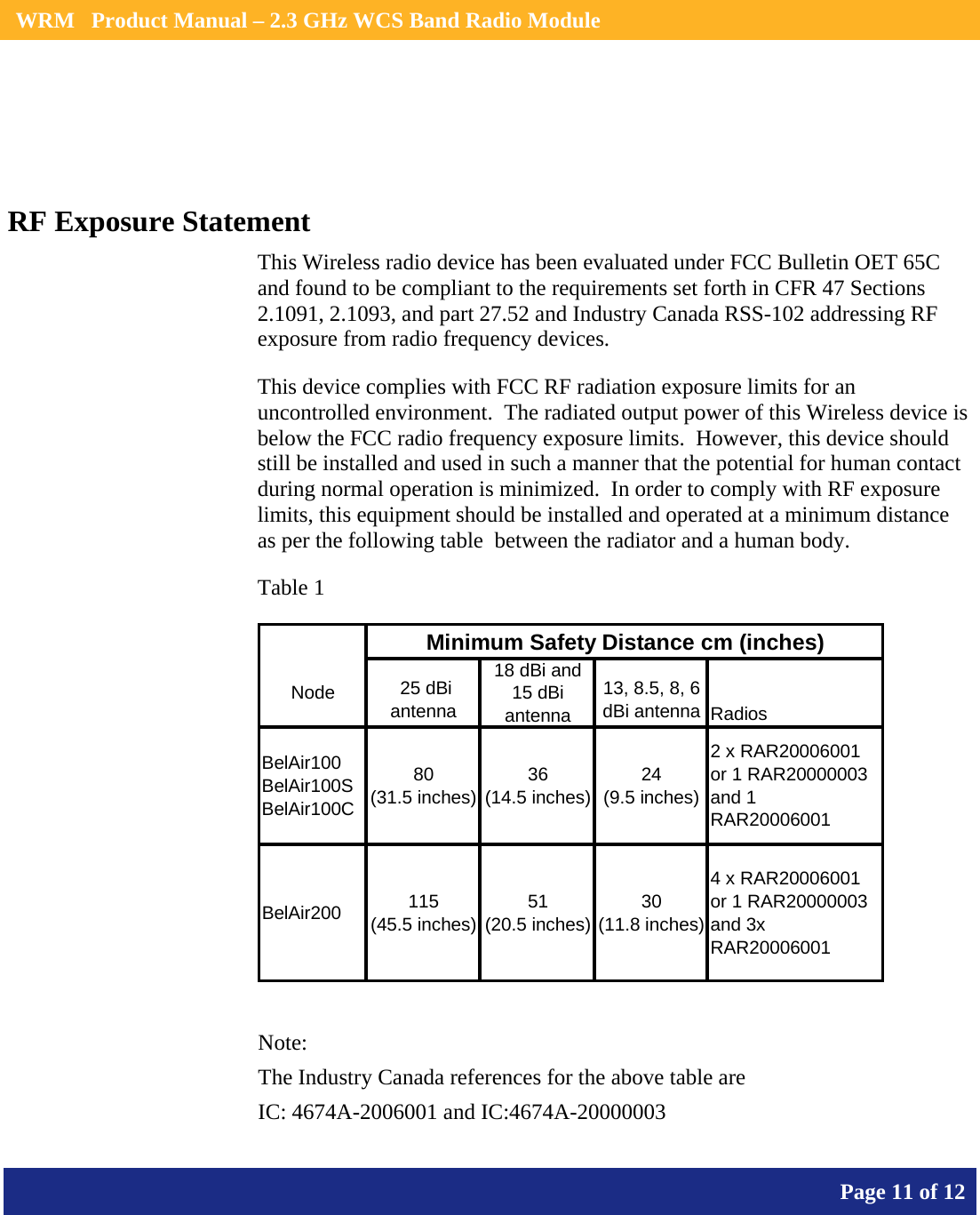    WRM   Product Manual – 2.3 GHz WCS Band Radio Module       Page 11 of 12      RF Exposure Statement This Wireless radio device has been evaluated under FCC Bulletin OET 65C and found to be compliant to the requirements set forth in CFR 47 Sections 2.1091, 2.1093, and part 27.52 and Industry Canada RSS-102 addressing RF exposure from radio frequency devices. This device complies with FCC RF radiation exposure limits for an uncontrolled environment.  The radiated output power of this Wireless device is below the FCC radio frequency exposure limits.  However, this device should still be installed and used in such a manner that the potential for human contact during normal operation is minimized.  In order to comply with RF exposure limits, this equipment should be installed and operated at a minimum distance as per the following table  between the radiator and a human body. Table 1 Node  25 dBi antenna18 dBi and 15 dBi antenna13, 8.5, 8, 6 dBi antenna RadiosBelAir100 BelAir100S  BelAir100C80         (31.5 inches)36         (14.5 inches)24         (9.5 inches)2 x RAR20006001 or 1 RAR20000003 and 1 RAR20006001BelAir200 115        (45.5 inches)51         (20.5 inches)30         (11.8 inches)4 x RAR20006001 or 1 RAR20000003 and 3x RAR20006001Minimum Safety Distance cm (inches)  Note: The Industry Canada references for the above table are IC: 4674A-2006001 and IC:4674A-20000003 