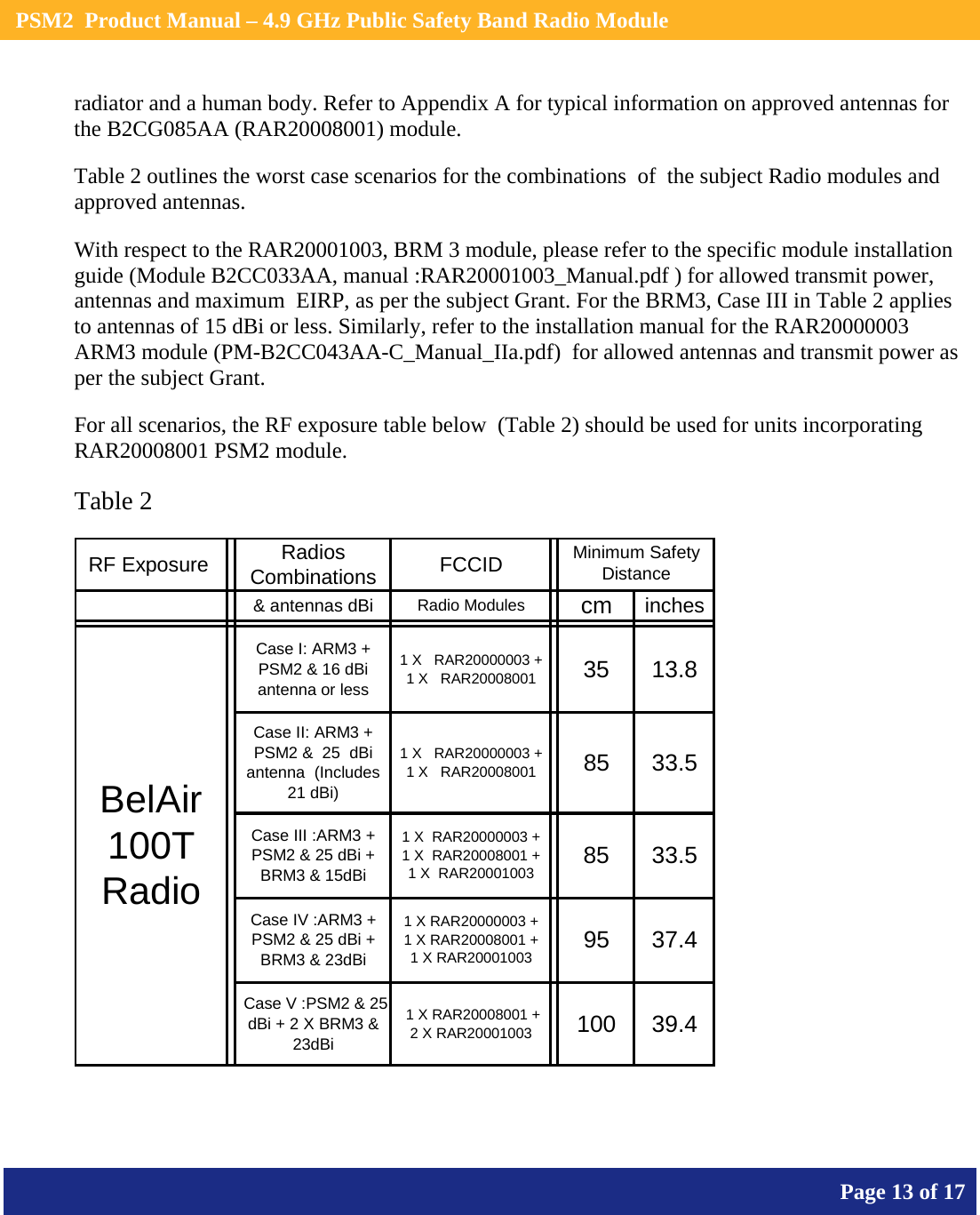    PSM2  Product Manual – 4.9 GHz Public Safety Band Radio Module       Page 13 of 17    radiator and a human body. Refer to Appendix A for typical information on approved antennas for the B2CG085AA (RAR20008001) module.  Table 2 outlines the worst case scenarios for the combinations  of  the subject Radio modules and  approved antennas. With respect to the RAR20001003, BRM 3 module, please refer to the specific module installation guide (Module B2CC033AA, manual :RAR20001003_Manual.pdf ) for allowed transmit power, antennas and maximum  EIRP, as per the subject Grant. For the BRM3, Case III in Table 2 applies to antennas of 15 dBi or less. Similarly, refer to the installation manual for the RAR20000003 ARM3 module (PM-B2CC043AA-C_Manual_IIa.pdf)  for allowed antennas and transmit power as per the subject Grant. For all scenarios, the RF exposure table below  (Table 2) should be used for units incorporating  RAR20008001 PSM2 module. Table 2 RF Exposure  Radios Combinations FCCID&amp; antennas dBi Radio Modules cm inchesCase I: ARM3 + PSM2 &amp; 16 dBi antenna or less1 X   RAR20000003 +  1 X   RAR20008001 35 13.8Case II: ARM3 + PSM2 &amp;  25  dBi  antenna  (Includes 21 dBi)1 X   RAR20000003 +  1 X   RAR20008001 85 33.5Case III :ARM3 + PSM2 &amp; 25 dBi +  BRM3 &amp; 15dBi1 X  RAR20000003 +   1 X  RAR20008001 +   1 X  RAR20001003 85 33.5Case IV :ARM3 + PSM2 &amp; 25 dBi + BRM3 &amp; 23dBi1 X RAR20000003 +   1 X RAR20008001 +   1 X RAR20001003 95 37.4 Case V :PSM2 &amp; 25 dBi + 2 X BRM3 &amp; 23dBi1 X RAR20008001 +   2 X RAR20001003 100 39.4BelAir 100T   RadioMinimum Safety Distance 