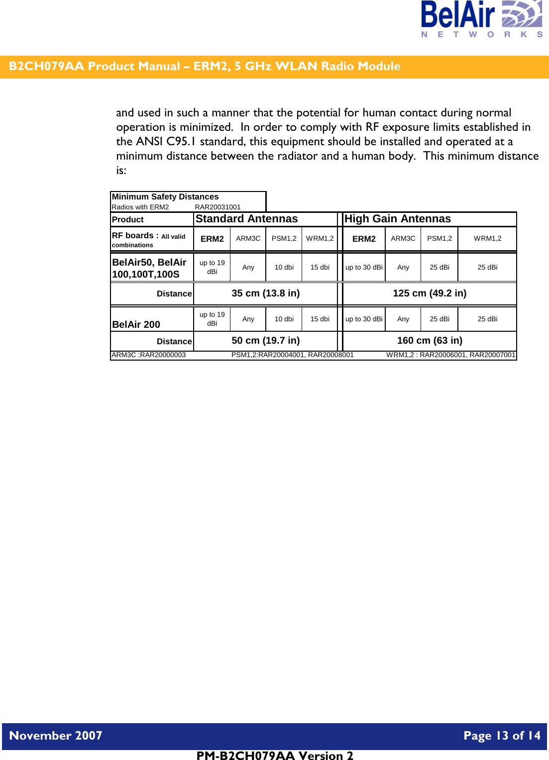    B2CH079AA Product Manual – ERM2, 5 GHz WLAN Radio Module   November 2007    Page 13 of 14   PM-B2CH079AA Version 2   and used in such a manner that the potential for human contact during normal operation is minimized.  In order to comply with RF exposure limits established in the ANSI C95.1 standard, this equipment should be installed and operated at a minimum distance between the radiator and a human body.  This minimum distance is:  Minimum Safety DistancesRadios with ERM2 RAR20031001Product  Standard AntennasRF boards : All valid combinations ERM2 ARM3C PSM1,2 WRM1,2 ERM2 ARM3C PSM1,2 WRM1,2BelAir50, BelAir 100,100T,100Sup to 19 dBi Any 10 dbi 15 dbi up to 30 dBi Any 25 dBi 25 dBiDistanceBelAir 200 up to 19 dBi Any 10 dbi 15 dbi up to 30 dBi Any 25 dBi 25 dBiDistanceARM3C :RAR20000003 PSM1,2:RAR20004001, RAR20008001 WRM1,2 : RAR20006001, RAR20007001High Gain Antennas35 cm (13.8 in) 125 cm (49.2 in)50 cm (19.7 in) 160 cm (63 in)   