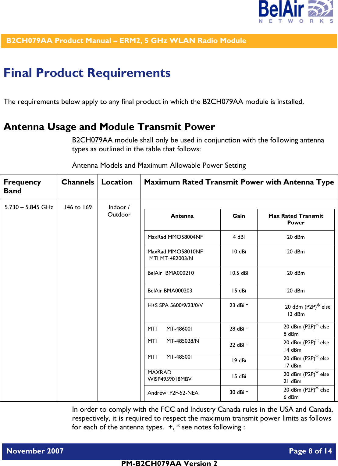    B2CH079AA Product Manual – ERM2, 5 GHz WLAN Radio Module   November 2007    Page 8 of 14   PM-B2CH079AA Version 2   Final Product Requirements The requirements below apply to any final product in which the B2CH079AA module is installed. Antenna Usage and Module Transmit Power B2CH079AA module shall only be used in conjunction with the following antenna types as outlined in the table that follows: Antenna Models and Maximum Allowable Power Setting Frequency Band Channels Location  Maximum Rated Transmit Power with Antenna Type 5.730 – 5.845 GHz  146 to 169  Indoor / Outdoor  Antenna Gain Max Rated Transmit Power MaxRad MMO58004NF  4 dBi  20 dBm MaxRad MMO58010NF  MTI MT-482003/N 10 dBi  20 dBm BelAir  BMA000210      10.5 dBi  20 dBm BelAir BMA000203  15 dBi  20 dBm H+S SPA 5600/9/23/0/V  23 dBi +                 20 dBm (P2P)* else 13 dBm MTI      MT-486001  28 dBi + 20 dBm (P2P)* else 8 dBm MTI      MT-485028/N  22 dBi + 20 dBm (P2P)* else 14 dBm MTI      MT-485001  19 dBi  20 dBm (P2P)* else 17 dBm MAXRAD  WISP4959018MBV  15 dBi  20 dBm (P2P)* else 21 dBm Andrew  P2F-52-NEA  30 dBi + 20 dBm (P2P)* else 6 dBm  In order to comply with the FCC and Industry Canada rules in the USA and Canada, respectively, it is required to respect the maximum transmit power limits as follows for each of the antenna types.  +, * see notes following : 