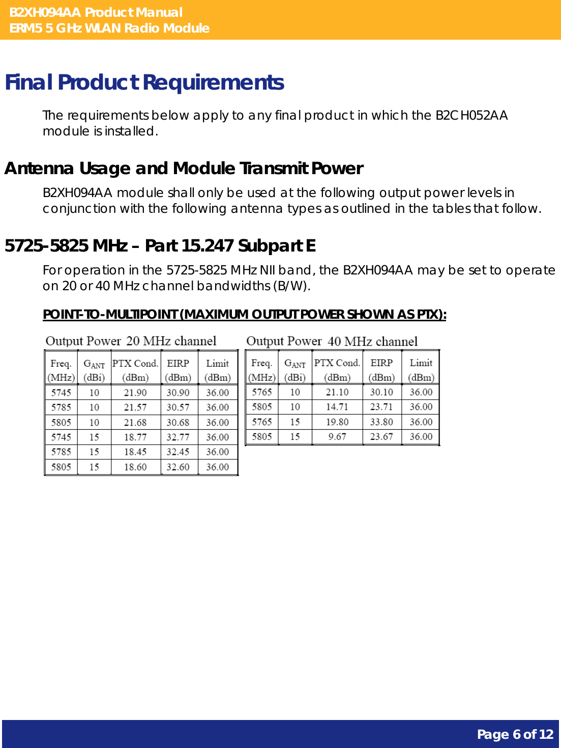 B2XH094AA Product Manual ERM5 5 GHz WLAN Radio Module       Page 6 of 12    Final Product Requirements The requirements below apply to any final product in which the B2CH052AA module is installed. Antenna Usage and Module Transmit Power B2XH094AA module shall only be used at the following output power levels in conjunction with the following antenna types as outlined in the tables that follow. 5725-5825 MHz – Part 15.247 Subpart E For operation in the 5725-5825 MHz NII band, the B2XH094AA may be set to operate on 20 or 40 MHz channel bandwidths (B/W). POINT-TO-MULTIPOINT (MAXIMUM OUTPUT POWER SHOWN AS PTX):  