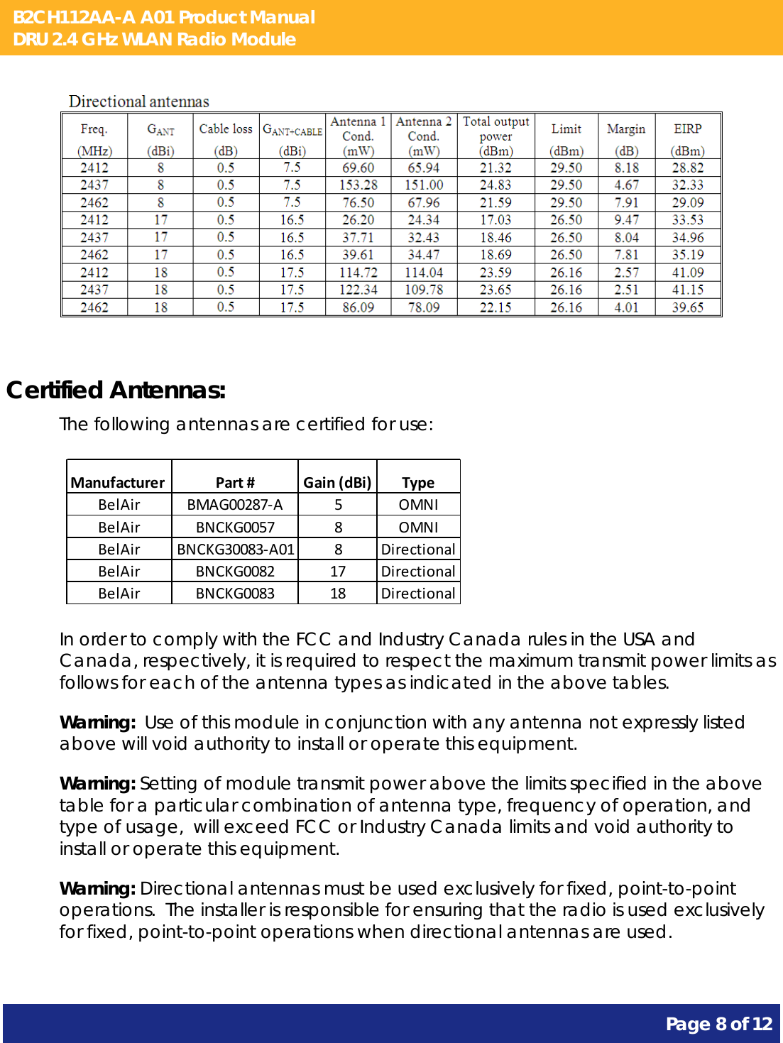 B2CH112AA-A A01 Product Manual DRU 2.4 GHz WLAN Radio Module       Page 8 of 12      Certified Antennas: The following antennas are certified for use: ManufacturerPart#Gain(dBi) TypeBelAir BMAG00287‐A5 OMNIBelAir BNCKG0057 8 OMNIBelAir BNCKG30083‐A01 8 DirectionalBelAir BNCKG0082 17 DirectionalBelAir BNCKG0083 18 Directional  In order to comply with the FCC and Industry Canada rules in the USA and Canada, respectively, it is required to respect the maximum transmit power limits as follows for each of the antenna types as indicated in the above tables. Warning:  Use of this module in conjunction with any antenna not expressly listed above will void authority to install or operate this equipment. Warning: Setting of module transmit power above the limits specified in the above table for a particular combination of antenna type, frequency of operation, and type of usage,  will exceed FCC or Industry Canada limits and void authority to install or operate this equipment. Warning: Directional antennas must be used exclusively for fixed, point-to-point operations.  The installer is responsible for ensuring that the radio is used exclusively for fixed, point-to-point operations when directional antennas are used. 