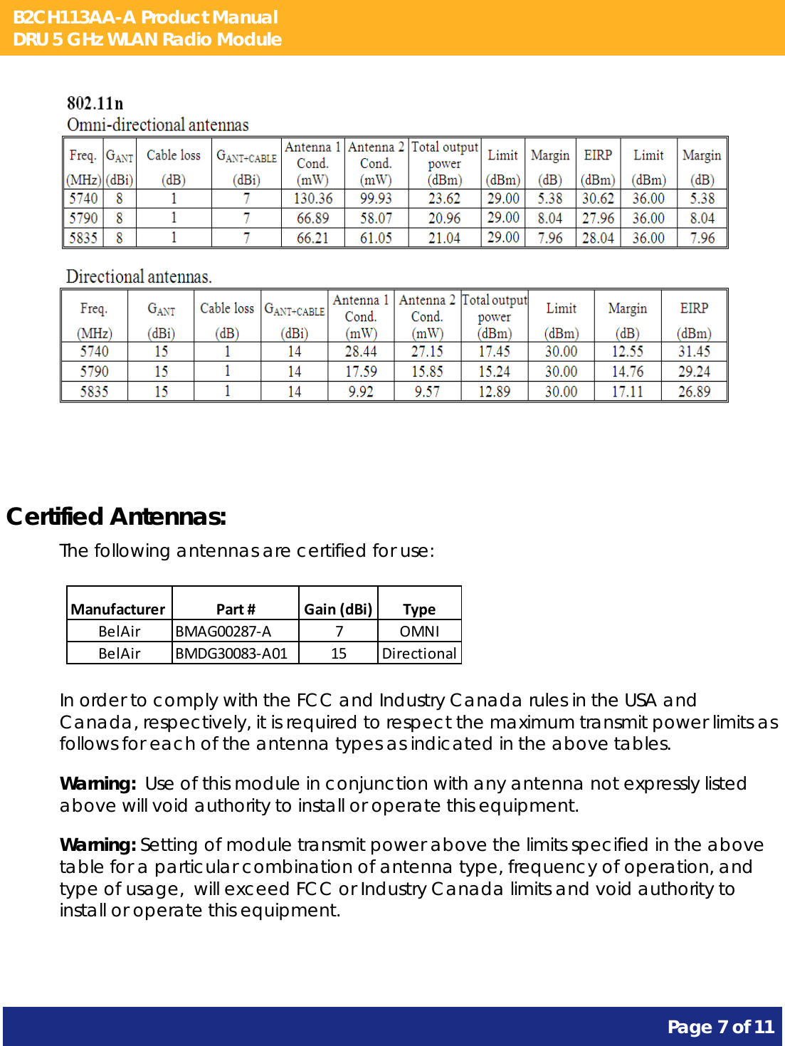 B2CH113AA-A Product Manual DRU 5 GHz WLAN Radio Module       Page 7 of 11        Certified Antennas: The following antennas are certified for use: ManufacturerPart#Gain(dBi) TypeBelAir BMAG00287‐A7OMNIBelAir BMDG30083‐A01 15 Directional  In order to comply with the FCC and Industry Canada rules in the USA and Canada, respectively, it is required to respect the maximum transmit power limits as follows for each of the antenna types as indicated in the above tables. Warning:  Use of this module in conjunction with any antenna not expressly listed above will void authority to install or operate this equipment. Warning: Setting of module transmit power above the limits specified in the above table for a particular combination of antenna type, frequency of operation, and type of usage,  will exceed FCC or Industry Canada limits and void authority to install or operate this equipment. 