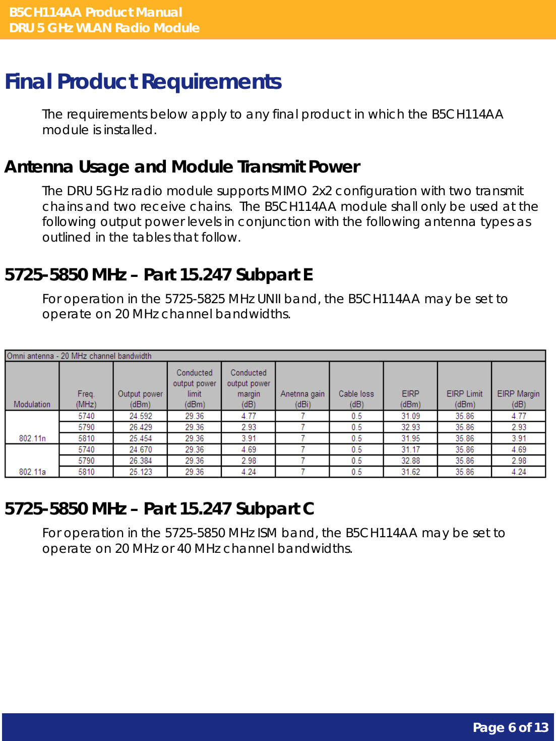 B5CH114AA Product Manual DRU 5 GHz WLAN Radio Module       Page 6 of 13    Final Product Requirements The requirements below apply to any final product in which the B5CH114AA module is installed. Antenna Usage and Module Transmit Power The DRU 5GHz radio module supports MIMO 2x2 configuration with two transmit chains and two receive chains.  The B5CH114AA module shall only be used at the following output power levels in conjunction with the following antenna types as outlined in the tables that follow. 5725-5850 MHz – Part 15.247 Subpart E For operation in the 5725-5825 MHz UNII band, the B5CH114AA may be set to operate on 20 MHz channel bandwidths.     5725-5850 MHz – Part 15.247 Subpart C For operation in the 5725-5850 MHz ISM band, the B5CH114AA may be set to operate on 20 MHz or 40 MHz channel bandwidths.  