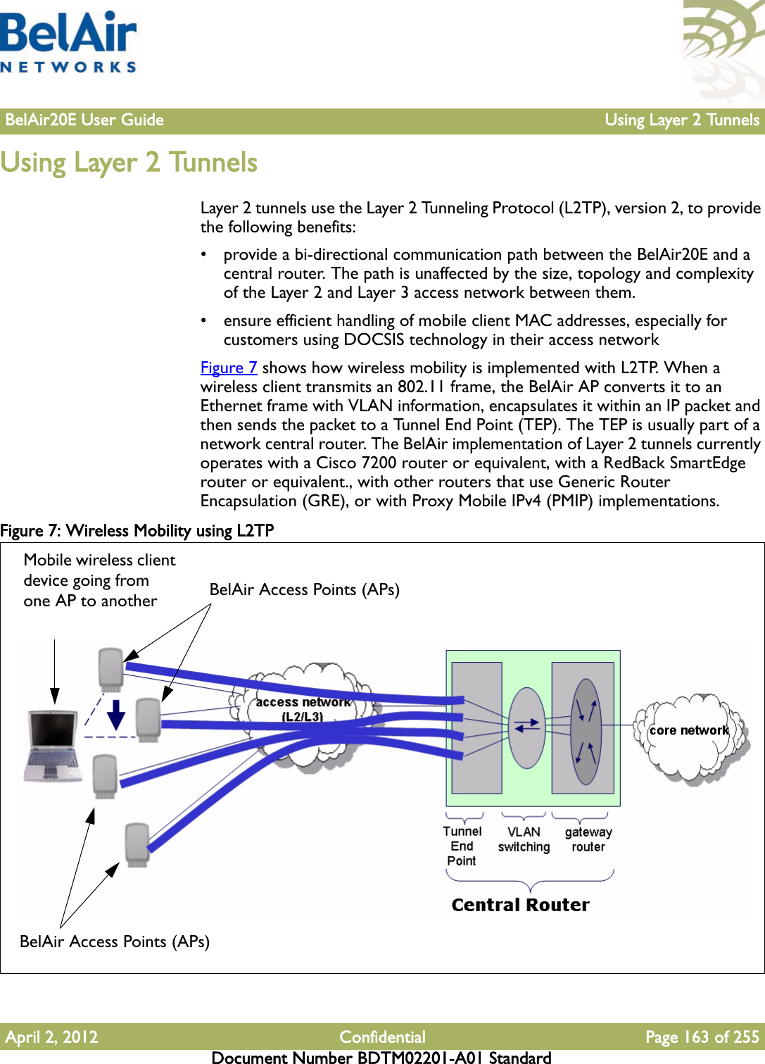 BelAir20E User Guide Using Layer 2 TunnelsApril 2, 2012 Confidential Page 163 of 255Document Number BDTM02201-A01 StandardUsing Layer 2 TunnelsLayer 2 tunnels use the Layer 2 Tunneling Protocol (L2TP), version 2, to provide the following benefits:• provide a bi-directional communication path between the BelAir20E and a central router. The path is unaffected by the size, topology and complexity of the Layer 2 and Layer 3 access network between them.• ensure efficient handling of mobile client MAC addresses, especially for customers using DOCSIS technology in their access networkFigure 7 shows how wireless mobility is implemented with L2TP. When a wireless client transmits an 802.11 frame, the BelAir AP converts it to an Ethernet frame with VLAN information, encapsulates it within an IP packet and then sends the packet to a Tunnel End Point (TEP). The TEP is usually part of a network central router. The BelAir implementation of Layer 2 tunnels currently operates with a Cisco 7200 router or equivalent, with a RedBack SmartEdge router or equivalent., with other routers that use Generic Router Encapsulation (GRE), or with Proxy Mobile IPv4 (PMIP) implementations.Figure 7: Wireless Mobility using L2TPBelAir Access Points (APs)Mobile wireless client device going from one AP to another BelAir Access Points (APs)