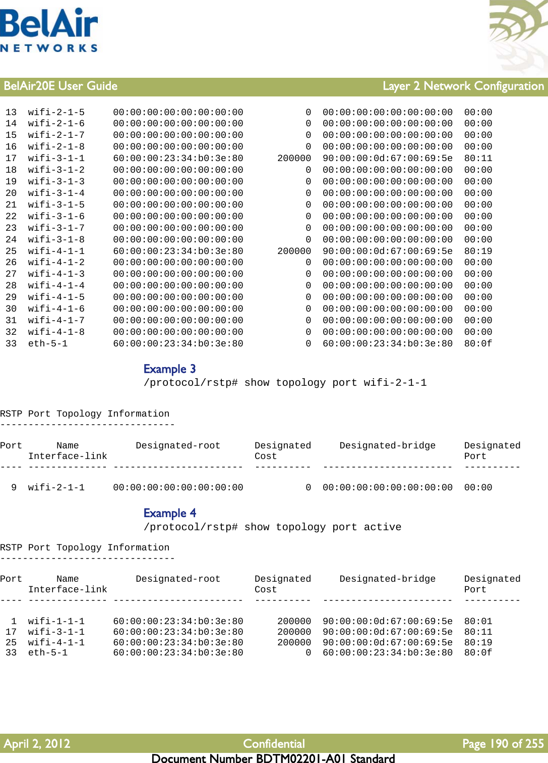 BelAir20E User Guide Layer 2 Network ConfigurationApril 2, 2012 Confidential Page 190 of 255Document Number BDTM02201-A01 Standard 13  wifi-2-1-5     00:00:00:00:00:00:00:00           0  00:00:00:00:00:00:00:00  00:00 14  wifi-2-1-6     00:00:00:00:00:00:00:00           0  00:00:00:00:00:00:00:00  00:00 15  wifi-2-1-7     00:00:00:00:00:00:00:00           0  00:00:00:00:00:00:00:00  00:00 16  wifi-2-1-8     00:00:00:00:00:00:00:00           0  00:00:00:00:00:00:00:00  00:00 17  wifi-3-1-1     60:00:00:23:34:b0:3e:80      200000  90:00:00:0d:67:00:69:5e  80:11 18  wifi-3-1-2     00:00:00:00:00:00:00:00           0  00:00:00:00:00:00:00:00  00:00 19  wifi-3-1-3     00:00:00:00:00:00:00:00           0  00:00:00:00:00:00:00:00  00:00 20  wifi-3-1-4     00:00:00:00:00:00:00:00           0  00:00:00:00:00:00:00:00  00:00 21  wifi-3-1-5     00:00:00:00:00:00:00:00           0  00:00:00:00:00:00:00:00  00:00 22  wifi-3-1-6     00:00:00:00:00:00:00:00           0  00:00:00:00:00:00:00:00  00:00 23  wifi-3-1-7     00:00:00:00:00:00:00:00           0  00:00:00:00:00:00:00:00  00:00 24  wifi-3-1-8     00:00:00:00:00:00:00:00           0  00:00:00:00:00:00:00:00  00:00 25  wifi-4-1-1     60:00:00:23:34:b0:3e:80      200000  90:00:00:0d:67:00:69:5e  80:19 26  wifi-4-1-2     00:00:00:00:00:00:00:00           0  00:00:00:00:00:00:00:00  00:00 27  wifi-4-1-3     00:00:00:00:00:00:00:00           0  00:00:00:00:00:00:00:00  00:00 28  wifi-4-1-4     00:00:00:00:00:00:00:00           0  00:00:00:00:00:00:00:00  00:00 29  wifi-4-1-5     00:00:00:00:00:00:00:00           0  00:00:00:00:00:00:00:00  00:00 30  wifi-4-1-6     00:00:00:00:00:00:00:00           0  00:00:00:00:00:00:00:00  00:00 31  wifi-4-1-7     00:00:00:00:00:00:00:00           0  00:00:00:00:00:00:00:00  00:00 32  wifi-4-1-8     00:00:00:00:00:00:00:00           0  00:00:00:00:00:00:00:00  00:00 33  eth-5-1        60:00:00:23:34:b0:3e:80           0  60:00:00:23:34:b0:3e:80  80:0fExample 3/protocol/rstp# show topology port wifi-2-1-1RSTP Port Topology Information-------------------------------Port      Name          Designated-root      Designated     Designated-bridge     Designated     Interface-link                          Cost                                 Port---- -------------- -----------------------  ----------  -----------------------  ----------  9  wifi-2-1-1     00:00:00:00:00:00:00:00           0  00:00:00:00:00:00:00:00  00:00Example 4/protocol/rstp# show topology port activeRSTP Port Topology Information-------------------------------Port      Name          Designated-root      Designated     Designated-bridge     Designated     Interface-link                          Cost                                 Port---- -------------- -----------------------  ----------  -----------------------  ----------  1  wifi-1-1-1     60:00:00:23:34:b0:3e:80      200000  90:00:00:0d:67:00:69:5e  80:01 17  wifi-3-1-1     60:00:00:23:34:b0:3e:80      200000  90:00:00:0d:67:00:69:5e  80:11 25  wifi-4-1-1     60:00:00:23:34:b0:3e:80      200000  90:00:00:0d:67:00:69:5e  80:19 33  eth-5-1        60:00:00:23:34:b0:3e:80           0  60:00:00:23:34:b0:3e:80  80:0f