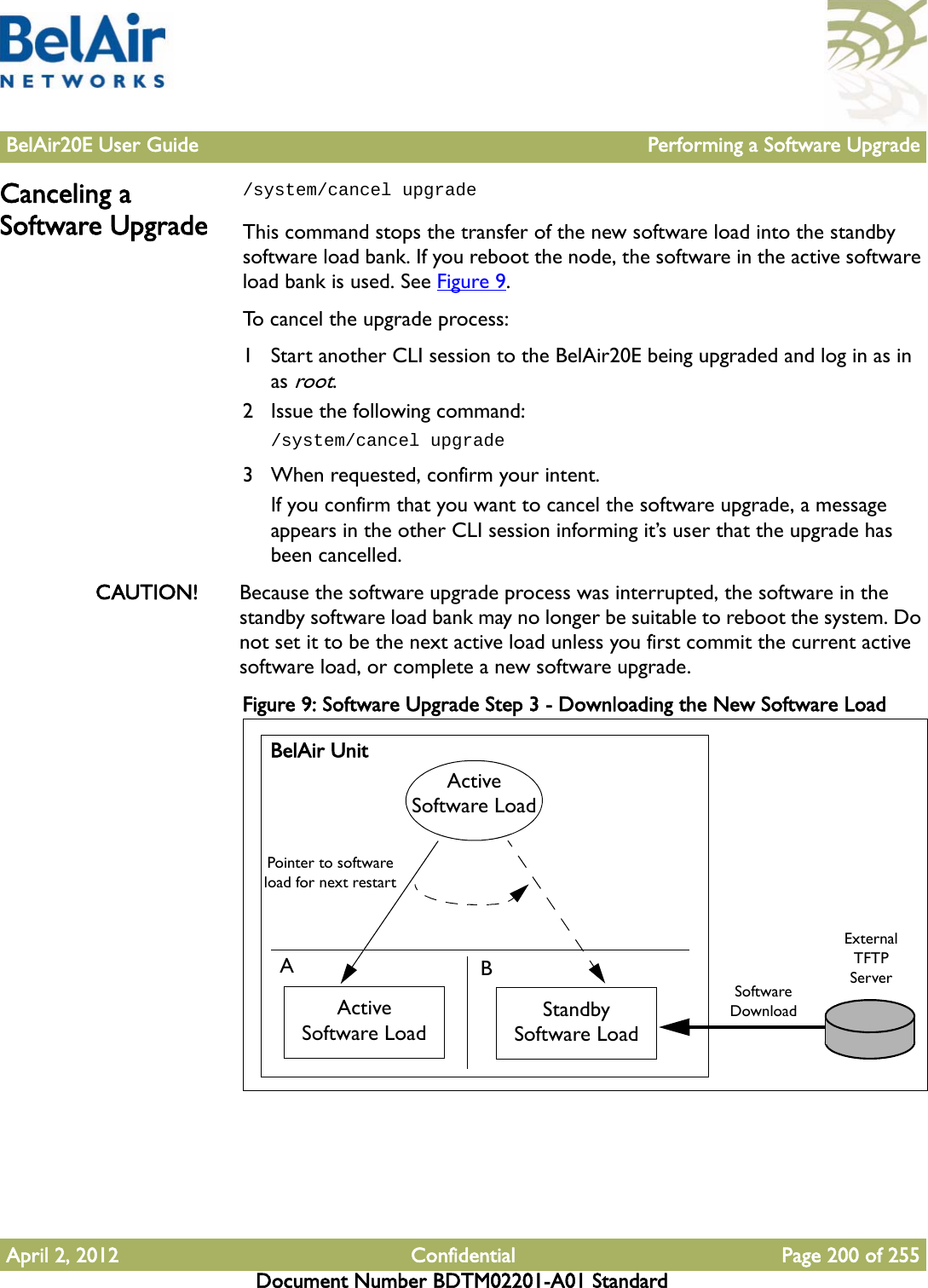 BelAir20E User Guide Performing a Software UpgradeApril 2, 2012 Confidential Page 200 of 255Document Number BDTM02201-A01 StandardCanceling a Software Upgrade/system/cancel upgradeThis command stops the transfer of the new software load into the standby software load bank. If you reboot the node, the software in the active software load bank is used. See Figure 9.To cancel the upgrade process:1 Start another CLI session to the BelAir20E being upgraded and log in as in as root.2 Issue the following command:/system/cancel upgrade3 When requested, confirm your intent.If you confirm that you want to cancel the software upgrade, a message appears in the other CLI session informing it’s user that the upgrade has been cancelled.CAUTION! Because the software upgrade process was interrupted, the software in the standby software load bank may no longer be suitable to reboot the system. Do not set it to be the next active load unless you first commit the current active software load, or complete a new software upgrade.Figure 9: Software Upgrade Step 3 - Downloading the New Software LoadExternal TFTP ServerSoftware DownloadBelAir UnitABActive Software LoadStandby Software LoadActive Software LoadPointer to software load for next restart