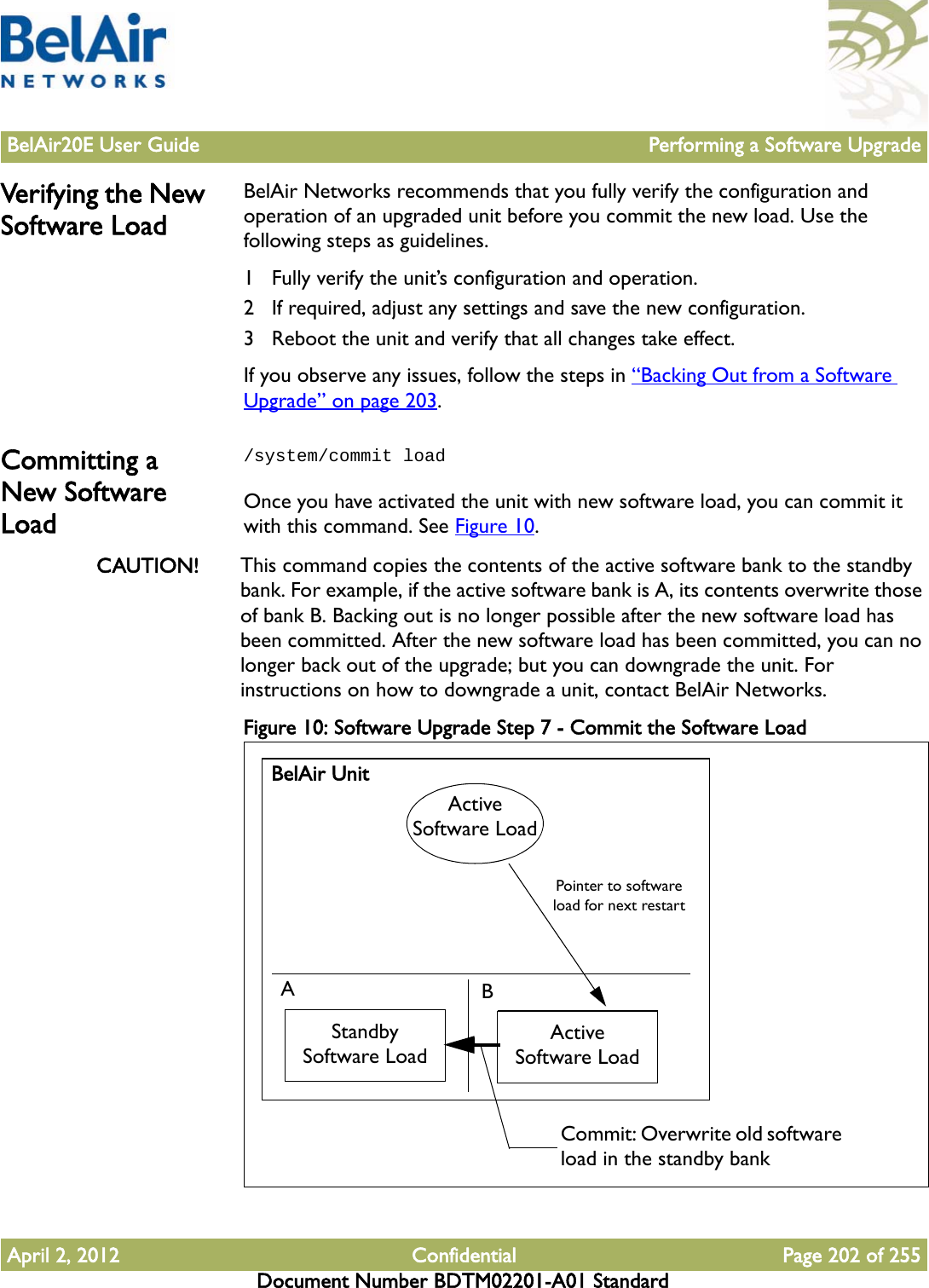 BelAir20E User Guide Performing a Software UpgradeApril 2, 2012 Confidential Page 202 of 255Document Number BDTM02201-A01 StandardVerifying the New Software LoadBelAir Networks recommends that you fully verify the configuration and operation of an upgraded unit before you commit the new load. Use the following steps as guidelines.1 Fully verify the unit’s configuration and operation.2 If required, adjust any settings and save the new configuration.3 Reboot the unit and verify that all changes take effect.If you observe any issues, follow the steps in “Backing Out from a Software Upgrade” on page 203.Committing a New Software Load/system/commit loadOnce you have activated the unit with new software load, you can commit it with this command. See Figure 10.CAUTION! This command copies the contents of the active software bank to the standby bank. For example, if the active software bank is A, its contents overwrite those of bank B. Backing out is no longer possible after the new software load has been committed. After the new software load has been committed, you can no longer back out of the upgrade; but you can downgrade the unit. For instructions on how to downgrade a unit, contact BelAir Networks.Figure 10: Software Upgrade Step 7 - Commit the Software Load BelAir UnitABStandby Software LoadActive Software LoadActive Software LoadPointer to software load for next restartCommit: Overwrite old software load in the standby bank