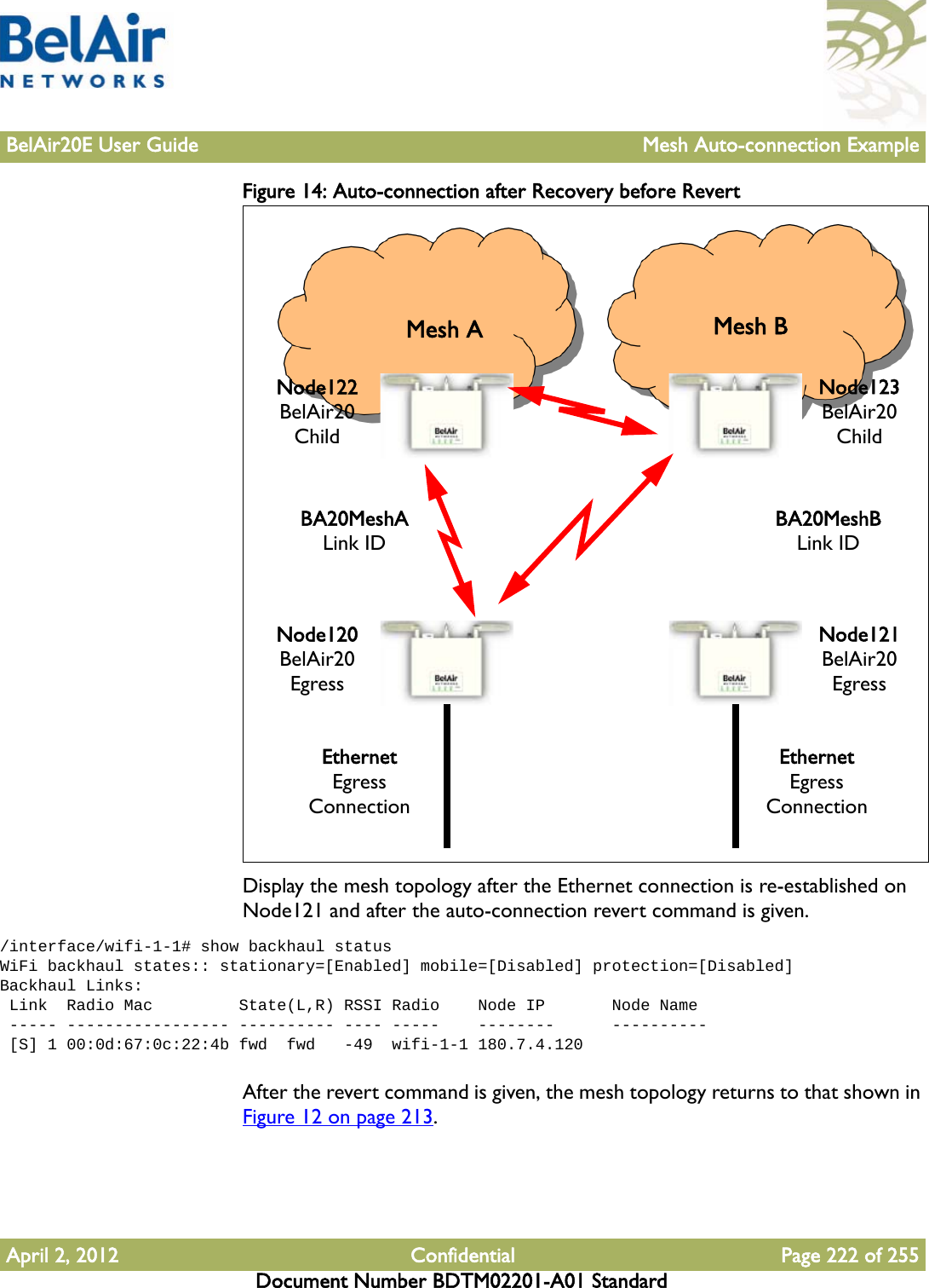 BelAir20E User Guide Mesh Auto-connection ExampleApril 2, 2012 Confidential Page 222 of 255Document Number BDTM02201-A01 StandardFigure 14: Auto-connection after Recovery before RevertDisplay the mesh topology after the Ethernet connection is re-established on Node121 and after the auto-connection revert command is given./interface/wifi-1-1# show backhaul statusWiFi backhaul states:: stationary=[Enabled] mobile=[Disabled] protection=[Disabled]Backhaul Links: Link  Radio Mac         State(L,R) RSSI Radio    Node IP       Node Name ----- ----------------- ---------- ---- -----    --------      ---------- [S] 1 00:0d:67:0c:22:4b fwd  fwd   -49  wifi-1-1 180.7.4.120After the revert command is given, the mesh topology returns to that shown in Figure 12 on page 213.Node123 BelAir20ChildNode121 BelAir20EgressBA20MeshBLink IDEthernetEgress ConnectionNode122 BelAir20ChildNode120BelAir20EgressBA20MeshALink IDEthernetEgress ConnectionMesh A Mesh B