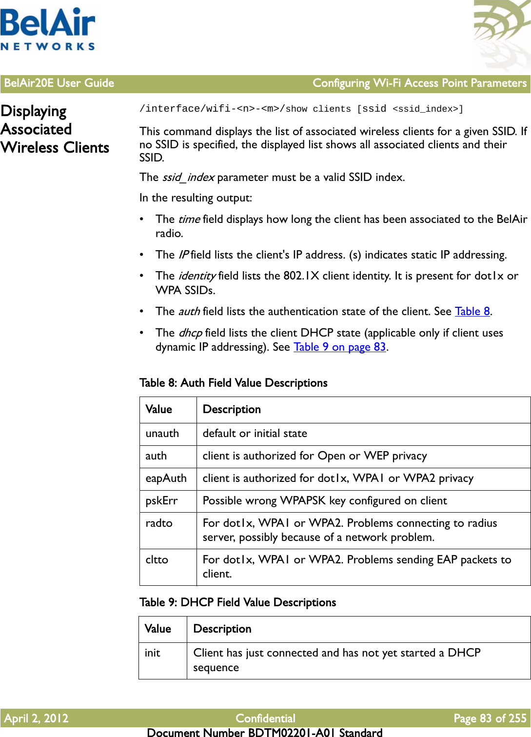 BelAir20E User Guide Configuring Wi-Fi Access Point ParametersApril 2, 2012 Confidential Page 83 of 255Document Number BDTM02201-A01 StandardDisplaying Associated Wireless Clients/interface/wifi-&lt;n&gt;-&lt;m&gt;/show clients [ssid &lt;ssid_index&gt;] This command displays the list of associated wireless clients for a given SSID. If no SSID is specified, the displayed list shows all associated clients and their SSID.The ssid_index parameter must be a valid SSID index.In the resulting output:• The time field displays how long the client has been associated to the BelAir radio. • The IP field lists the client&apos;s IP address. (s) indicates static IP addressing.• The identity field lists the 802.1X client identity. It is present for dot1x or WPA SSIDs.• The auth field lists the authentication state of the client. See Tabl e 8 .• The dhcp field lists the client DHCP state (applicable only if client uses dynamic IP addressing). See Table 9 on page 83. Table 8: Auth Field Value Descriptions   Value Descriptionunauth default or initial stateauth client is authorized for Open or WEP privacyeapAuth client is authorized for dot1x, WPA1 or WPA2 privacypskErr Possible wrong WPAPSK key configured on clientradto For dot1x, WPA1 or WPA2. Problems connecting to radius server, possibly because of a network problem.cltto For dot1x, WPA1 or WPA2. Problems sending EAP packets to client.Table 9: DHCP Field Value Descriptions   Value Descriptioninit Client has just connected and has not yet started a DHCP sequence