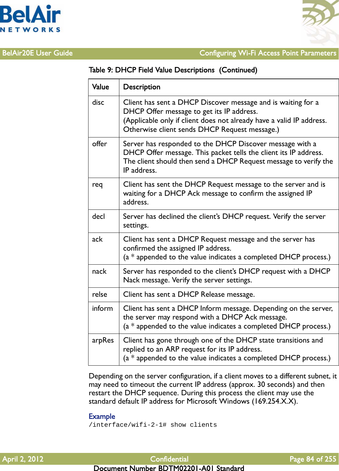 BelAir20E User Guide Configuring Wi-Fi Access Point ParametersApril 2, 2012 Confidential Page 84 of 255Document Number BDTM02201-A01 StandardDepending on the server configuration, if a client moves to a different subnet, it may need to timeout the current IP address (approx. 30 seconds) and then restart the DHCP sequence. During this process the client may use the standard default IP address for Microsoft Windows (169.254.X.X).Example/interface/wifi-2-1# show clientsdisc Client has sent a DHCP Discover message and is waiting for a DHCP Offer message to get its IP address.(Applicable only if client does not already have a valid IP address. Otherwise client sends DHCP Request message.)offer Server has responded to the DHCP Discover message with a DHCP Offer message. This packet tells the client its IP address. The client should then send a DHCP Request message to verify the IP address.req Client has sent the DHCP Request message to the server and is waiting for a DHCP Ack message to confirm the assigned IP address.decl Server has declined the client’s DHCP request. Verify the server settings.ack Client has sent a DHCP Request message and the server has confirmed the assigned IP address. (a * appended to the value indicates a completed DHCP process.)nack Server has responded to the client’s DHCP request with a DHCP Nack message. Verify the server settings.relse Client has sent a DHCP Release message.inform Client has sent a DHCP Inform message. Depending on the server, the server may respond with a DHCP Ack message.(a * appended to the value indicates a completed DHCP process.)arpRes Client has gone through one of the DHCP state transitions and replied to an ARP request for its IP address.(a * appended to the value indicates a completed DHCP process.)Table 9: DHCP Field Value Descriptions  (Continued) Value Description