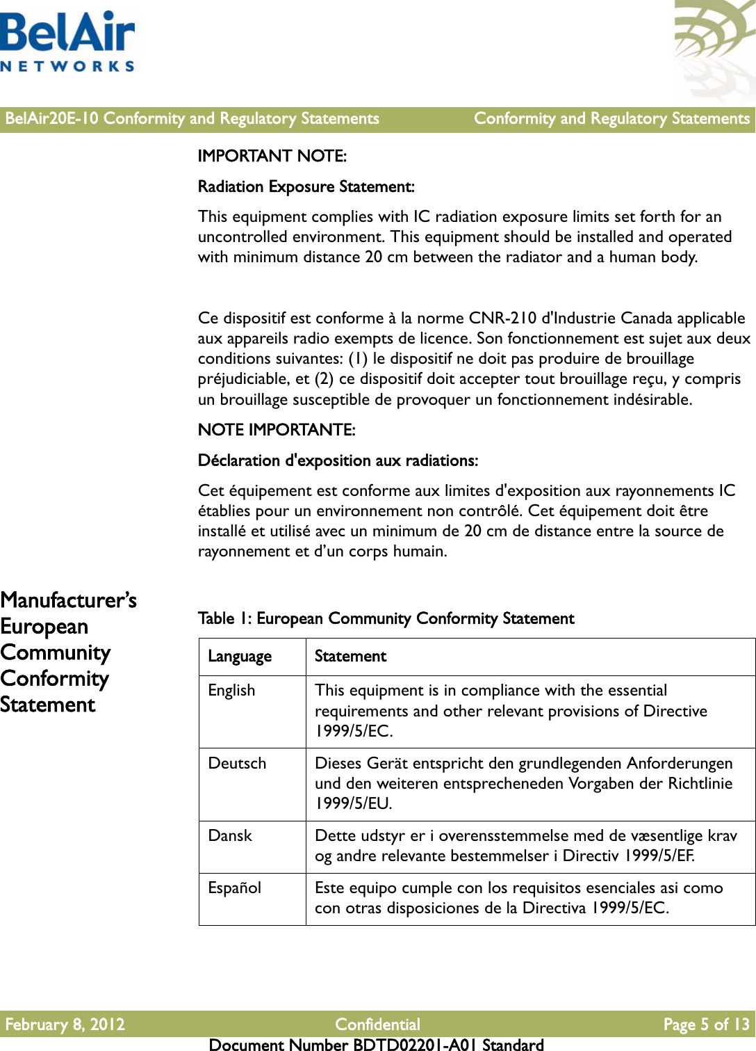 BelAir20E-10 Conformity and Regulatory Statements Conformity and Regulatory StatementsFebruary 8, 2012 Confidential Page 5 of 13Document Number BDTD02201-A01 StandardIMPORTANT NOTE:Radiation Exposure Statement:This equipment complies with IC radiation exposure limits set forth for an uncontrolled environment. This equipment should be installed and operated with minimum distance 20 cm between the radiator and a human body.Ce dispositif est conforme à la norme CNR-210 d&apos;Industrie Canada applicable aux appareils radio exempts de licence. Son fonctionnement est sujet aux deux conditions suivantes: (1) le dispositif ne doit pas produire de brouillage préjudiciable, et (2) ce dispositif doit accepter tout brouillage reçu, y compris un brouillage susceptible de provoquer un fonctionnement indésirable.NOTE IMPORTANTE: Déclaration d&apos;exposition aux radiations:Cet équipement est conforme aux limites d&apos;exposition aux rayonnements IC établies pour un environnement non contrôlé. Cet équipement doit être installé et utilisé avec un minimum de 20 cm de distance entre la source de rayonnement et d’un corps humain.Manufacturer’s European Community Conformity StatementTable 1: European Community Conformity Statement Language StatementEnglish This equipment is in compliance with the essential requirements and other relevant provisions of Directive 1999/5/EC.Deutsch Dieses Gerät entspricht den grundlegenden Anforderungen und den weiteren entsprecheneden Vorgaben der Richtlinie 1999/5/EU.Dansk Dette udstyr er i overensstemmelse med de væsentlige krav og andre relevante bestemmelser i Directiv 1999/5/EF. Español Este equipo cumple con los requisitos esenciales asi como con otras disposiciones de la Directiva 1999/5/EC.