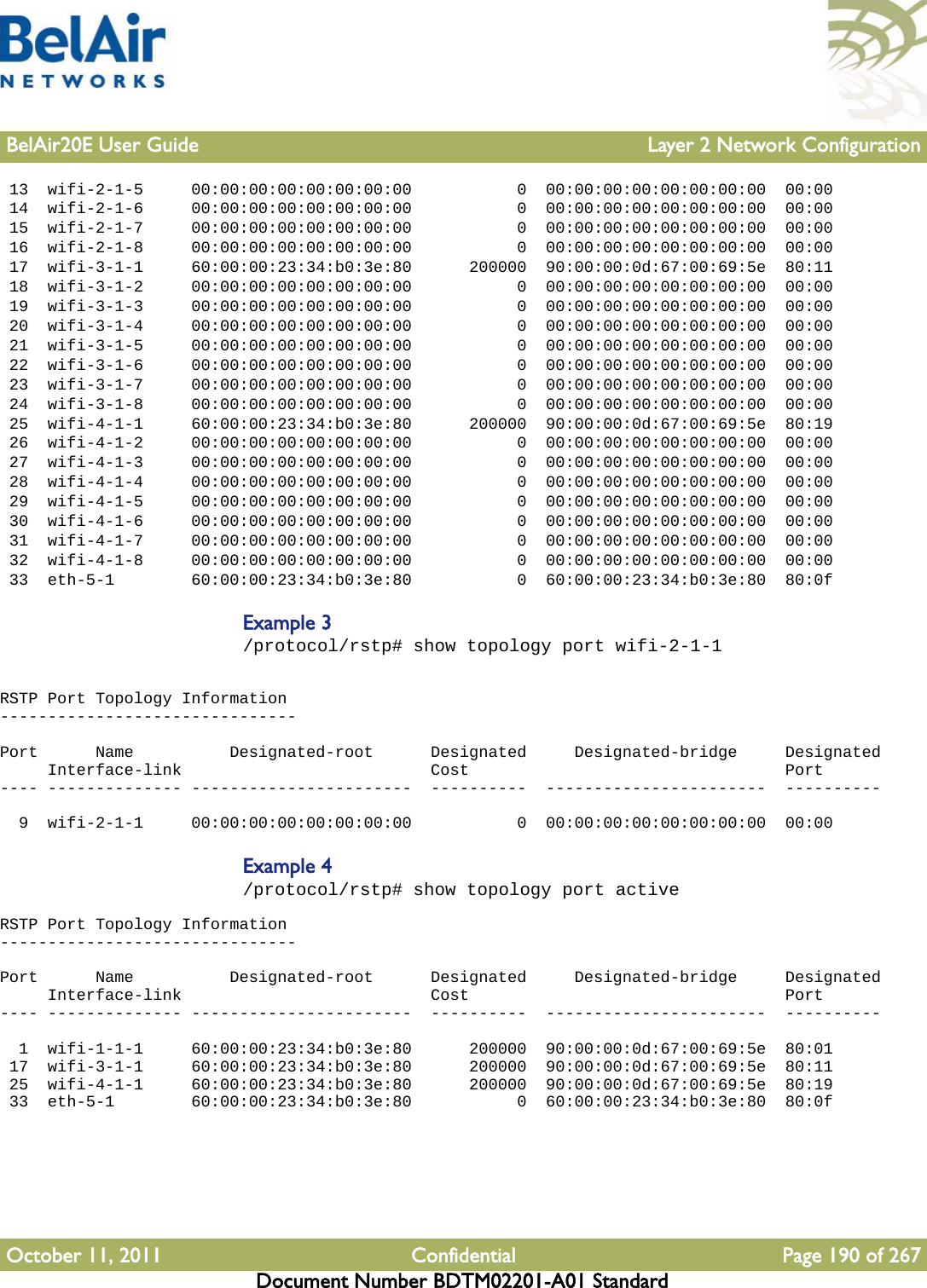 BelAir20E User Guide Layer 2 Network ConfigurationOctober 11, 2011 Confidential Page 190 of 267Document Number BDTM02201-A01 Standard 13  wifi-2-1-5     00:00:00:00:00:00:00:00           0  00:00:00:00:00:00:00:00  00:00 14  wifi-2-1-6     00:00:00:00:00:00:00:00           0  00:00:00:00:00:00:00:00  00:00 15  wifi-2-1-7     00:00:00:00:00:00:00:00           0  00:00:00:00:00:00:00:00  00:00 16  wifi-2-1-8     00:00:00:00:00:00:00:00           0  00:00:00:00:00:00:00:00  00:00 17  wifi-3-1-1     60:00:00:23:34:b0:3e:80      200000  90:00:00:0d:67:00:69:5e  80:11 18  wifi-3-1-2     00:00:00:00:00:00:00:00           0  00:00:00:00:00:00:00:00  00:00 19  wifi-3-1-3     00:00:00:00:00:00:00:00           0  00:00:00:00:00:00:00:00  00:00 20  wifi-3-1-4     00:00:00:00:00:00:00:00           0  00:00:00:00:00:00:00:00  00:00 21  wifi-3-1-5     00:00:00:00:00:00:00:00           0  00:00:00:00:00:00:00:00  00:00 22  wifi-3-1-6     00:00:00:00:00:00:00:00           0  00:00:00:00:00:00:00:00  00:00 23  wifi-3-1-7     00:00:00:00:00:00:00:00           0  00:00:00:00:00:00:00:00  00:00 24  wifi-3-1-8     00:00:00:00:00:00:00:00           0  00:00:00:00:00:00:00:00  00:00 25  wifi-4-1-1     60:00:00:23:34:b0:3e:80      200000  90:00:00:0d:67:00:69:5e  80:19 26  wifi-4-1-2     00:00:00:00:00:00:00:00           0  00:00:00:00:00:00:00:00  00:00 27  wifi-4-1-3     00:00:00:00:00:00:00:00           0  00:00:00:00:00:00:00:00  00:00 28  wifi-4-1-4     00:00:00:00:00:00:00:00           0  00:00:00:00:00:00:00:00  00:00 29  wifi-4-1-5     00:00:00:00:00:00:00:00           0  00:00:00:00:00:00:00:00  00:00 30  wifi-4-1-6     00:00:00:00:00:00:00:00           0  00:00:00:00:00:00:00:00  00:00 31  wifi-4-1-7     00:00:00:00:00:00:00:00           0  00:00:00:00:00:00:00:00  00:00 32  wifi-4-1-8     00:00:00:00:00:00:00:00           0  00:00:00:00:00:00:00:00  00:00 33  eth-5-1        60:00:00:23:34:b0:3e:80           0  60:00:00:23:34:b0:3e:80  80:0fExample 3/protocol/rstp# show topology port wifi-2-1-1RSTP Port Topology Information-------------------------------Port      Name          Designated-root      Designated     Designated-bridge     Designated     Interface-link                          Cost                                 Port---- -------------- -----------------------  ----------  -----------------------  ----------  9  wifi-2-1-1     00:00:00:00:00:00:00:00           0  00:00:00:00:00:00:00:00  00:00Example 4/protocol/rstp# show topology port activeRSTP Port Topology Information-------------------------------Port      Name          Designated-root      Designated     Designated-bridge     Designated     Interface-link                          Cost                                 Port---- -------------- -----------------------  ----------  -----------------------  ----------  1  wifi-1-1-1     60:00:00:23:34:b0:3e:80      200000  90:00:00:0d:67:00:69:5e  80:01 17  wifi-3-1-1     60:00:00:23:34:b0:3e:80      200000  90:00:00:0d:67:00:69:5e  80:11 25  wifi-4-1-1     60:00:00:23:34:b0:3e:80      200000  90:00:00:0d:67:00:69:5e  80:19 33  eth-5-1        60:00:00:23:34:b0:3e:80           0  60:00:00:23:34:b0:3e:80  80:0f