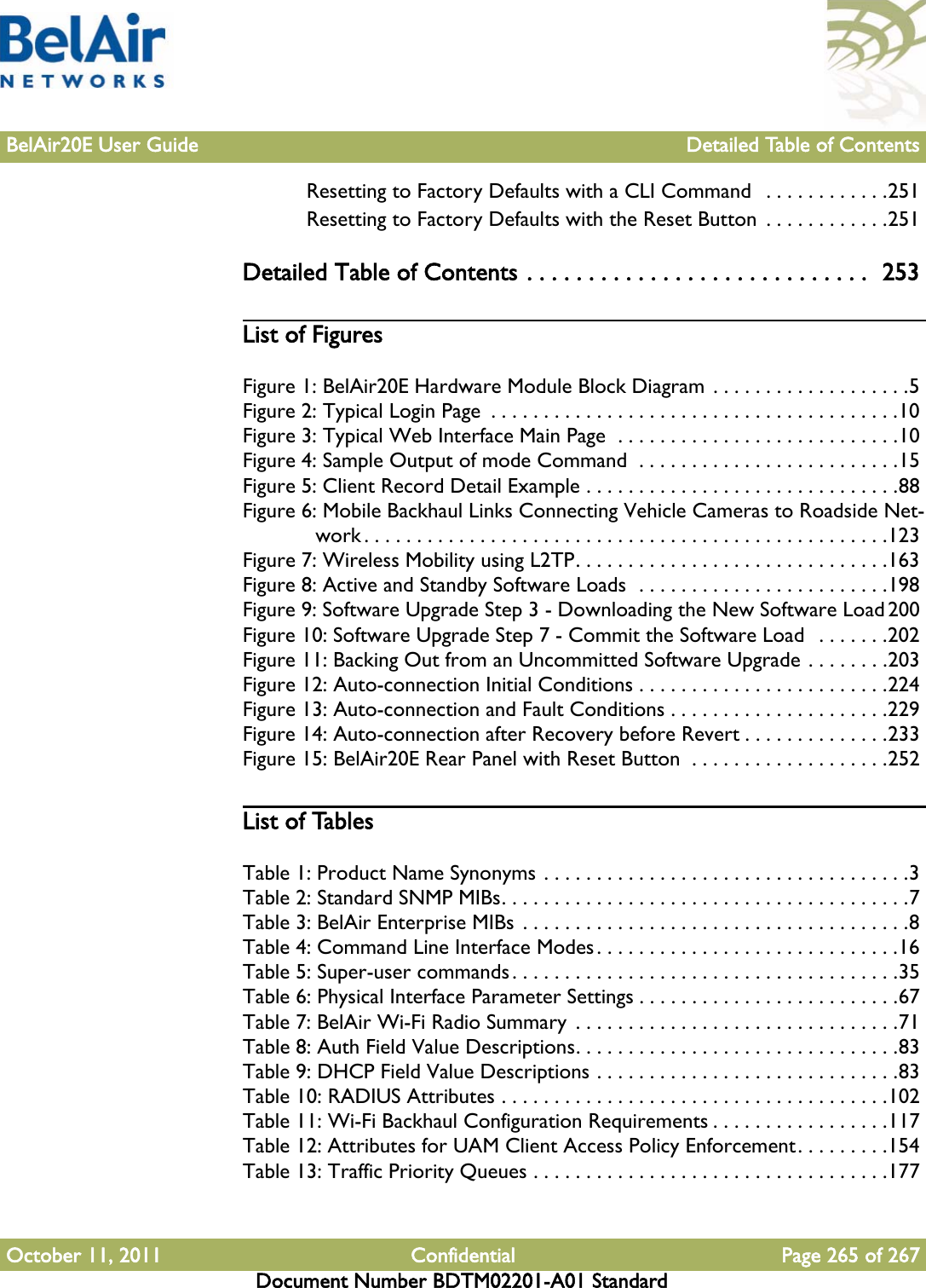 BelAir20E User Guide Detailed Table of ContentsOctober 11, 2011 Confidential Page 265 of 267Document Number BDTM02201-A01 StandardResetting to Factory Defaults with a CLI Command   . . . . . . . . . . . .251Resetting to Factory Defaults with the Reset Button  . . . . . . . . . . . .251Detailed Table of Contents . . . . . . . . . . . . . . . . . . . . . . . . . . . .  253List of FiguresFigure 1: BelAir20E Hardware Module Block Diagram . . . . . . . . . . . . . . . . . . .5Figure 2: Typical Login Page  . . . . . . . . . . . . . . . . . . . . . . . . . . . . . . . . . . . . . . .10Figure 3: Typical Web Interface Main Page  . . . . . . . . . . . . . . . . . . . . . . . . . . .10Figure 4: Sample Output of mode Command  . . . . . . . . . . . . . . . . . . . . . . . . .15Figure 5: Client Record Detail Example . . . . . . . . . . . . . . . . . . . . . . . . . . . . . .88Figure 6: Mobile Backhaul Links Connecting Vehicle Cameras to Roadside Net-work . . . . . . . . . . . . . . . . . . . . . . . . . . . . . . . . . . . . . . . . . . . . . . . . . .123Figure 7: Wireless Mobility using L2TP. . . . . . . . . . . . . . . . . . . . . . . . . . . . . .163Figure 8: Active and Standby Software Loads  . . . . . . . . . . . . . . . . . . . . . . . .198Figure 9: Software Upgrade Step 3 - Downloading the New Software Load200Figure 10: Software Upgrade Step 7 - Commit the Software Load  . . . . . . .202Figure 11: Backing Out from an Uncommitted Software Upgrade . . . . . . . .203Figure 12: Auto-connection Initial Conditions . . . . . . . . . . . . . . . . . . . . . . . .224Figure 13: Auto-connection and Fault Conditions . . . . . . . . . . . . . . . . . . . . .229Figure 14: Auto-connection after Recovery before Revert . . . . . . . . . . . . . .233Figure 15: BelAir20E Rear Panel with Reset Button  . . . . . . . . . . . . . . . . . . .252List of TablesTable 1: Product Name Synonyms . . . . . . . . . . . . . . . . . . . . . . . . . . . . . . . . . . .3Table 2: Standard SNMP MIBs. . . . . . . . . . . . . . . . . . . . . . . . . . . . . . . . . . . . . . .7Table 3: BelAir Enterprise MIBs  . . . . . . . . . . . . . . . . . . . . . . . . . . . . . . . . . . . . .8Table 4: Command Line Interface Modes . . . . . . . . . . . . . . . . . . . . . . . . . . . . .16Table 5: Super-user commands. . . . . . . . . . . . . . . . . . . . . . . . . . . . . . . . . . . . .35Table 6: Physical Interface Parameter Settings . . . . . . . . . . . . . . . . . . . . . . . . .67Table 7: BelAir Wi-Fi Radio Summary  . . . . . . . . . . . . . . . . . . . . . . . . . . . . . . .71Table 8: Auth Field Value Descriptions. . . . . . . . . . . . . . . . . . . . . . . . . . . . . . .83Table 9: DHCP Field Value Descriptions . . . . . . . . . . . . . . . . . . . . . . . . . . . . .83Table 10: RADIUS Attributes . . . . . . . . . . . . . . . . . . . . . . . . . . . . . . . . . . . . .102Table 11: Wi-Fi Backhaul Configuration Requirements . . . . . . . . . . . . . . . . .117Table 12: Attributes for UAM Client Access Policy Enforcement. . . . . . . . .154Table 13: Traffic Priority Queues . . . . . . . . . . . . . . . . . . . . . . . . . . . . . . . . . .177