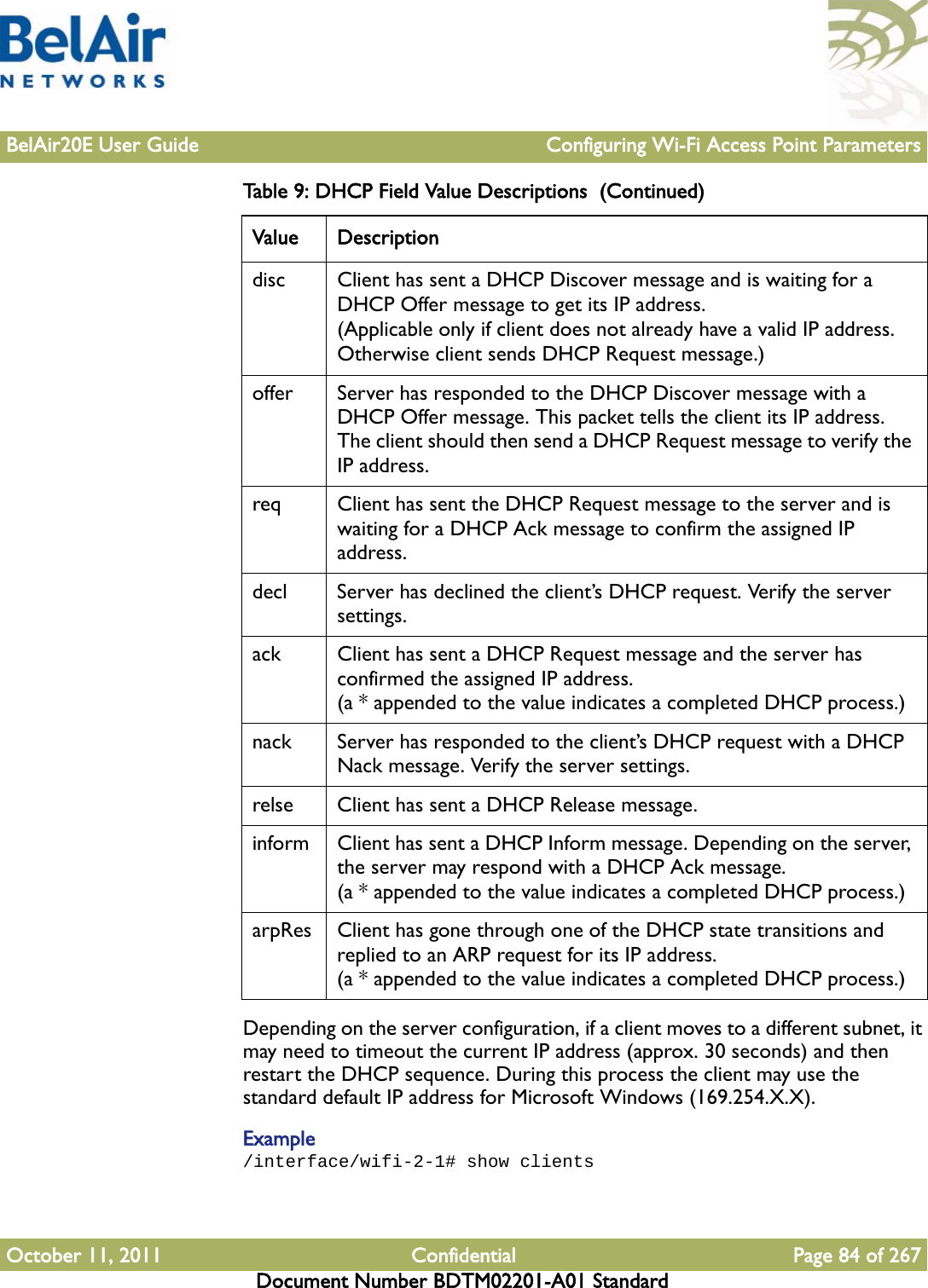 BelAir20E User Guide Configuring Wi-Fi Access Point ParametersOctober 11, 2011 Confidential Page 84 of 267Document Number BDTM02201-A01 StandardDepending on the server configuration, if a client moves to a different subnet, it may need to timeout the current IP address (approx. 30 seconds) and then restart the DHCP sequence. During this process the client may use the standard default IP address for Microsoft Windows (169.254.X.X).Example/interface/wifi-2-1# show clientsdisc Client has sent a DHCP Discover message and is waiting for a DHCP Offer message to get its IP address.(Applicable only if client does not already have a valid IP address. Otherwise client sends DHCP Request message.)offer Server has responded to the DHCP Discover message with a DHCP Offer message. This packet tells the client its IP address. The client should then send a DHCP Request message to verify the IP address.req Client has sent the DHCP Request message to the server and is waiting for a DHCP Ack message to confirm the assigned IP address.decl Server has declined the client’s DHCP request. Verify the server settings.ack Client has sent a DHCP Request message and the server has confirmed the assigned IP address. (a * appended to the value indicates a completed DHCP process.)nack Server has responded to the client’s DHCP request with a DHCP Nack message. Verify the server settings.relse Client has sent a DHCP Release message.inform Client has sent a DHCP Inform message. Depending on the server, the server may respond with a DHCP Ack message.(a * appended to the value indicates a completed DHCP process.)arpRes Client has gone through one of the DHCP state transitions and replied to an ARP request for its IP address.(a * appended to the value indicates a completed DHCP process.)Table 9: DHCP Field Value Descriptions  (Continued) Value Description