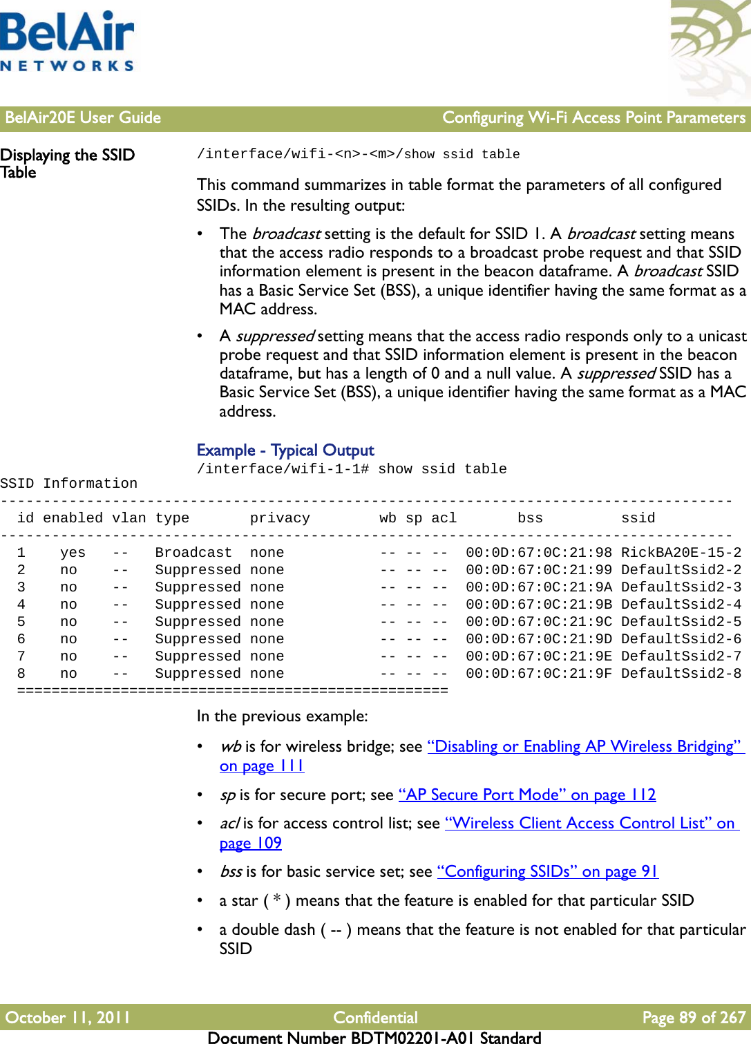 BelAir20E User Guide Configuring Wi-Fi Access Point ParametersOctober 11, 2011 Confidential Page 89 of 267Document Number BDTM02201-A01 StandardDisplaying the SSID Table/interface/wifi-&lt;n&gt;-&lt;m&gt;/show ssid tableThis command summarizes in table format the parameters of all configured SSIDs. In the resulting output:• The broadcast setting is the default for SSID 1. A broadcast setting means that the access radio responds to a broadcast probe request and that SSID information element is present in the beacon dataframe. A broadcast SSID has a Basic Service Set (BSS), a unique identifier having the same format as a MAC address.•A suppressed setting means that the access radio responds only to a unicast probe request and that SSID information element is present in the beacon dataframe, but has a length of 0 and a null value. A suppressed SSID has a Basic Service Set (BSS), a unique identifier having the same format as a MAC address.Example - Typical Output/interface/wifi-1-1# show ssid tableSSID Information-------------------------------------------------------------------------------------  id enabled vlan type       privacy        wb sp acl       bss         ssid-------------------------------------------------------------------------------------  1    yes   --   Broadcast  none           -- -- --  00:0D:67:0C:21:98 RickBA20E-15-2  2    no    --   Suppressed none           -- -- --  00:0D:67:0C:21:99 DefaultSsid2-2  3    no    --   Suppressed none           -- -- --  00:0D:67:0C:21:9A DefaultSsid2-3  4    no    --   Suppressed none           -- -- --  00:0D:67:0C:21:9B DefaultSsid2-4  5    no    --   Suppressed none           -- -- --  00:0D:67:0C:21:9C DefaultSsid2-5  6    no    --   Suppressed none           -- -- --  00:0D:67:0C:21:9D DefaultSsid2-6  7    no    --   Suppressed none           -- -- --  00:0D:67:0C:21:9E DefaultSsid2-7  8    no    --   Suppressed none           -- -- --  00:0D:67:0C:21:9F DefaultSsid2-8  ==================================================In the previous example:•wb is for wireless bridge; see “Disabling or Enabling AP Wireless Bridging” on page 111•sp is for secure port; see “AP Secure Port Mode” on page 112•acl is for access control list; see “Wireless Client Access Control List” on page 109 •bss is for basic service set; see “Configuring SSIDs” on page 91• a star ( * ) means that the feature is enabled for that particular SSID• a double dash ( -- ) means that the feature is not enabled for that particular SSID