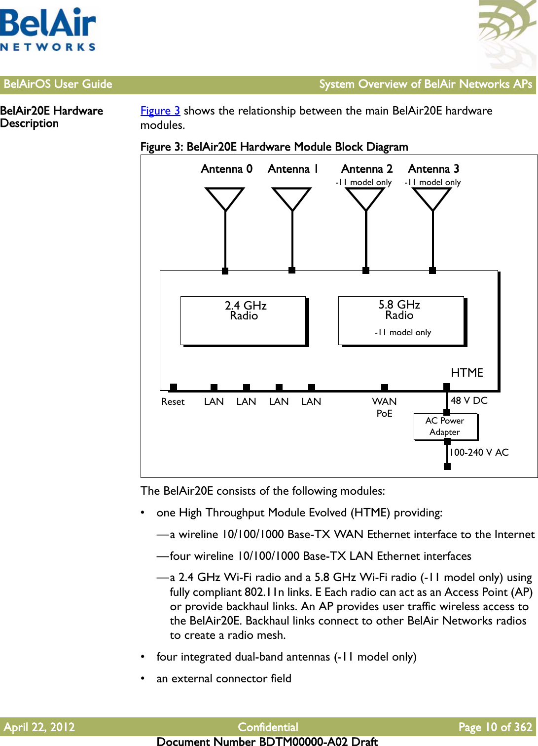 BelAirOS User Guide System Overview of BelAir Networks APsApril 22, 2012 Confidential Page 10 of 362Document Number BDTM00000-A02 DraftBelAir20E Hardware Description Figure 3 shows the relationship between the main BelAir20E hardware modules.Figure 3: BelAir20E Hardware Module Block Diagram The BelAir20E consists of the following modules:• one High Throughput Module Evolved (HTME) providing:—a wireline 10/100/1000 Base-TX WAN Ethernet interface to the Internet—four wireline 10/100/1000 Base-TX LAN Ethernet interfaces—a 2.4 GHz Wi-Fi radio and a 5.8 GHz Wi-Fi radio (-11 model only) using fully compliant 802.11n links. E Each radio can act as an Access Point (AP) or provide backhaul links. An AP provides user traffic wireless access to the BelAir20E. Backhaul links connect to other BelAir Networks radios to create a radio mesh.• four integrated dual-band antennas (-11 model only)• an external connector fieldHTME5.8 GHz RadioAC Power AdapterAntenna 0LAN 48 V DCAntenna 1 Antenna 2 2.4 GHz Radio 100-240 V ACResetAntenna 3WANPoELAN LAN LAN-11 model only-11 model only -11 model only