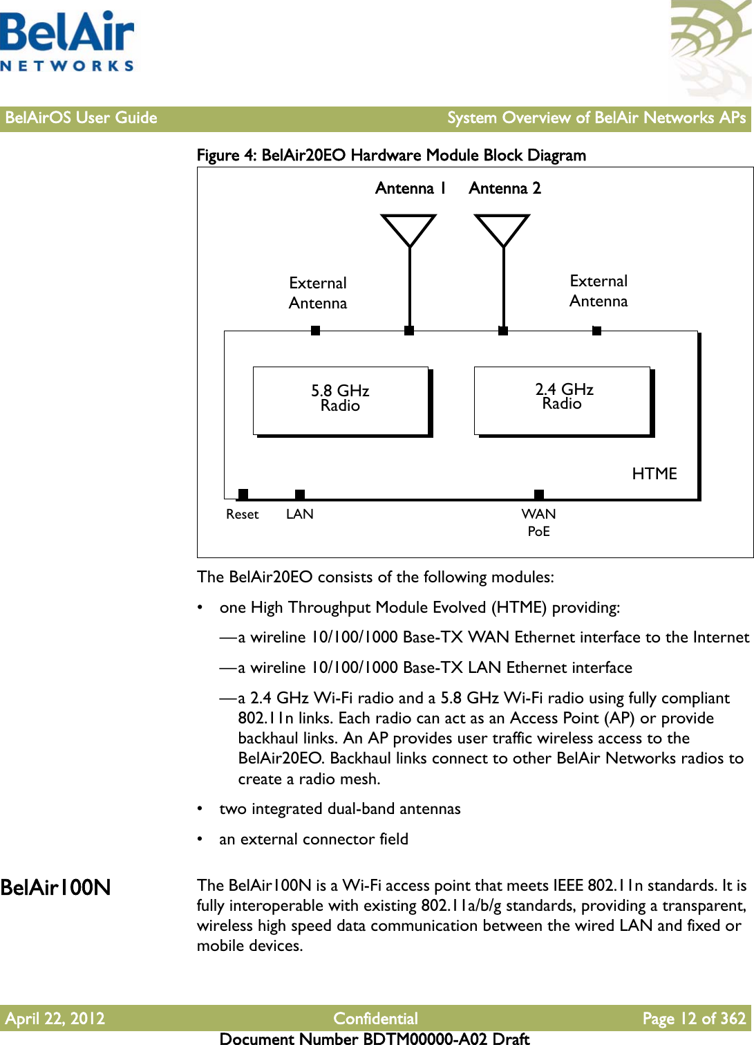 BelAirOS User Guide System Overview of BelAir Networks APsApril 22, 2012 Confidential Page 12 of 362Document Number BDTM00000-A02 DraftFigure 4: BelAir20EO Hardware Module Block Diagram The BelAir20EO consists of the following modules:• one High Throughput Module Evolved (HTME) providing:—a wireline 10/100/1000 Base-TX WAN Ethernet interface to the Internet—a wireline 10/100/1000 Base-TX LAN Ethernet interface—a 2.4 GHz Wi-Fi radio and a 5.8 GHz Wi-Fi radio using fully compliant 802.11n links. Each radio can act as an Access Point (AP) or provide backhaul links. An AP provides user traffic wireless access to the BelAir20EO. Backhaul links connect to other BelAir Networks radios to create a radio mesh.• two integrated dual-band antennas• an external connector fieldBelAir100N The BelAir100N is a Wi-Fi access point that meets IEEE 802.11n standards. It is fully interoperable with existing 802.11a/b/g standards, providing a transparent, wireless high speed data communication between the wired LAN and fixed or mobile devices. HTME5.8 GHz RadioExternal AntennaLANAntenna 1 Antenna 2 2.4 GHz Radio ResetExternal AntennaWANPoE