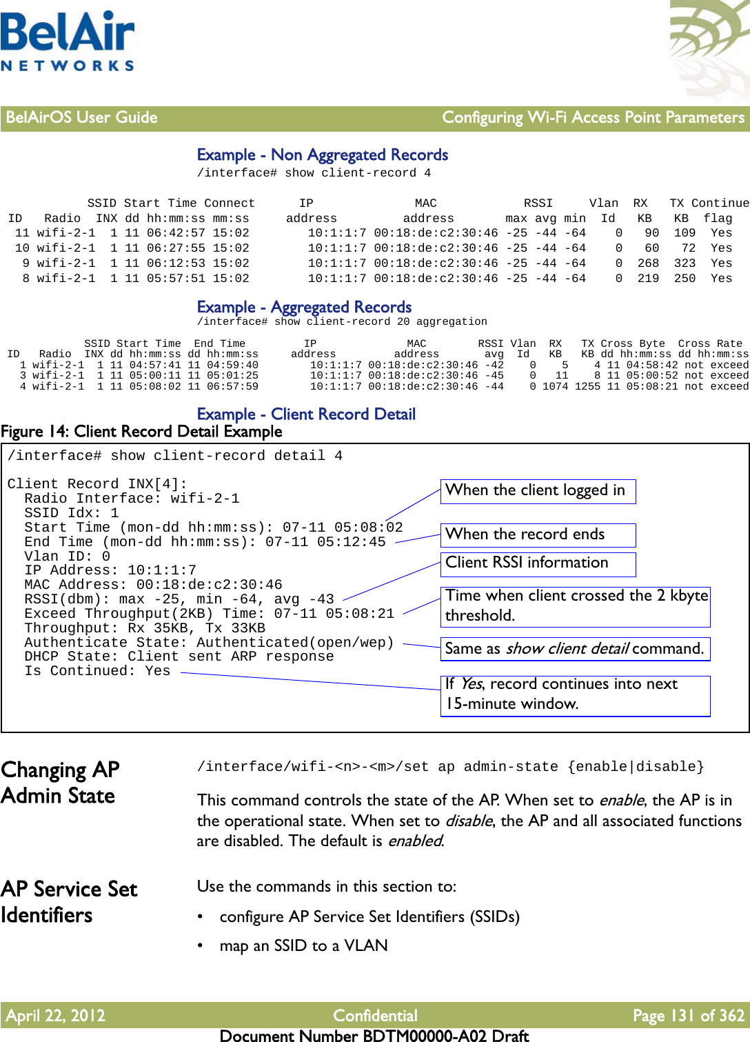 BelAirOS User Guide Configuring Wi-Fi Access Point ParametersApril 22, 2012 Confidential Page 131 of 362Document Number BDTM00000-A02 DraftExample - Non Aggregated Records/interface# show client-record 4            SSID Start Time Connect      IP              MAC            RSSI     Vlan  RX   TX Continue ID   Radio  INX dd hh:mm:ss mm:ss     address         address       max avg min  Id   KB   KB  flag  11 wifi-2-1  1 11 06:42:57 15:02        10:1:1:7 00:18:de:c2:30:46 -25 -44 -64    0   90  109  Yes  10 wifi-2-1  1 11 06:27:55 15:02        10:1:1:7 00:18:de:c2:30:46 -25 -44 -64    0   60   72  Yes   9 wifi-2-1  1 11 06:12:53 15:02        10:1:1:7 00:18:de:c2:30:46 -25 -44 -64    0  268  323  Yes   8 wifi-2-1  1 11 05:57:51 15:02        10:1:1:7 00:18:de:c2:30:46 -25 -44 -64    0  219  250  YesExample - Aggregated Records/interface# show client-record 20 aggregation             SSID Start Time  End Time         IP              MAC        RSSI Vlan  RX   TX Cross Byte  Cross Rate ID   Radio  INX dd hh:mm:ss dd hh:mm:ss     address         address       avg  Id   KB   KB dd hh:mm:ss dd hh:mm:ss   1 wifi-2-1  1 11 04:57:41 11 04:59:40        10:1:1:7 00:18:de:c2:30:46 -42    0    5    4 11 04:58:42 not exceed   3 wifi-2-1  1 11 05:00:11 11 05:01:25        10:1:1:7 00:18:de:c2:30:46 -45    0   11    8 11 05:00:52 not exceed   4 wifi-2-1  1 11 05:08:02 11 06:57:59        10:1:1:7 00:18:de:c2:30:46 -44    0 1074 1255 11 05:08:21 not exceedExample - Client Record DetailFigure 14: Client Record Detail Example Changing AP Admin State/interface/wifi-&lt;n&gt;-&lt;m&gt;/set ap admin-state {enable|disable}This command controls the state of the AP. When set to enable, the AP is in the operational state. When set to disable, the AP and all associated functions are disabled. The default is enabled.AP Service Set IdentifiersUse the commands in this section to:• configure AP Service Set Identifiers (SSIDs)• map an SSID to a VLAN/interface# show client-record detail 4Client Record INX[4]:  Radio Interface: wifi-2-1  SSID Idx: 1  Start Time (mon-dd hh:mm:ss): 07-11 05:08:02  End Time (mon-dd hh:mm:ss): 07-11 05:12:45  Vlan ID: 0  IP Address: 10:1:1:7  MAC Address: 00:18:de:c2:30:46  RSSI(dbm): max -25, min -64, avg -43  Exceed Throughput(2KB) Time: 07-11 05:08:21  Throughput: Rx 35KB, Tx 33KB  Authenticate State: Authenticated(open/wep)  DHCP State: Client sent ARP response  Is Continued: YesWhen the client logged inWhen the record endsClient RSSI informationTime when client crossed the 2 kbyte threshold.Same as show client detail command.If Yes, record continues into next 15-minute window.