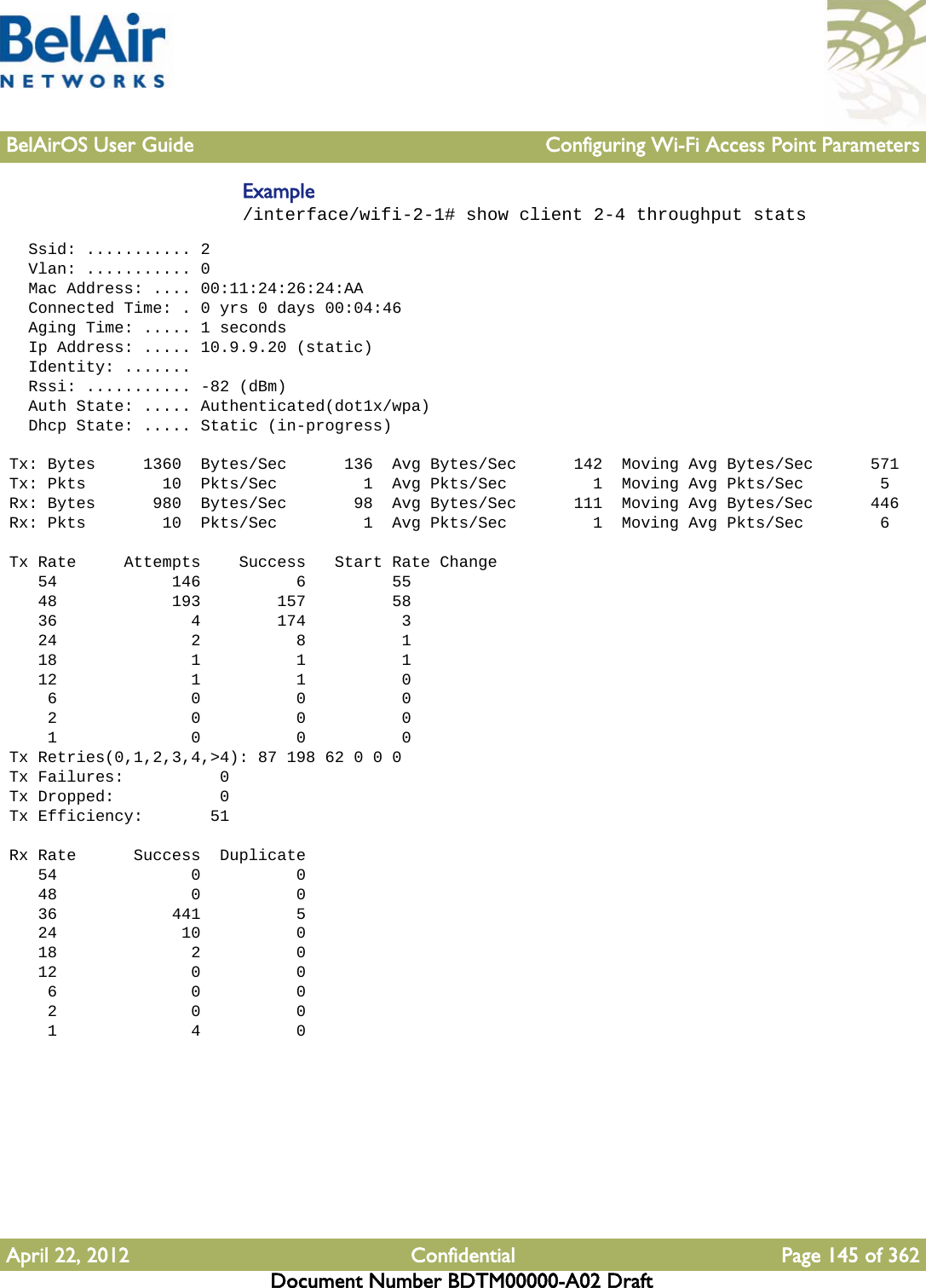 BelAirOS User Guide Configuring Wi-Fi Access Point ParametersApril 22, 2012 Confidential Page 145 of 362Document Number BDTM00000-A02 DraftExample/interface/wifi-2-1# show client 2-4 throughput stats   Ssid: ........... 2   Vlan: ........... 0   Mac Address: .... 00:11:24:26:24:AA   Connected Time: . 0 yrs 0 days 00:04:46   Aging Time: ..... 1 seconds   Ip Address: ..... 10.9.9.20 (static)   Identity: .......   Rssi: ........... -82 (dBm)   Auth State: ..... Authenticated(dot1x/wpa)   Dhcp State: ..... Static (in-progress) Tx: Bytes     1360  Bytes/Sec      136  Avg Bytes/Sec      142  Moving Avg Bytes/Sec      571 Tx: Pkts        10  Pkts/Sec         1  Avg Pkts/Sec         1  Moving Avg Pkts/Sec        5 Rx: Bytes      980  Bytes/Sec       98  Avg Bytes/Sec      111  Moving Avg Bytes/Sec      446 Rx: Pkts        10  Pkts/Sec         1  Avg Pkts/Sec         1  Moving Avg Pkts/Sec        6 Tx Rate     Attempts    Success   Start Rate Change    54            146          6         55    48            193        157         58    36              4        174          3    24              2          8          1    18              1          1          1    12              1          1          0     6              0          0          0     2              0          0          0     1              0          0          0 Tx Retries(0,1,2,3,4,&gt;4): 87 198 62 0 0 0 Tx Failures:          0 Tx Dropped:           0 Tx Efficiency:       51 Rx Rate      Success  Duplicate    54              0          0    48              0          0    36            441          5    24             10          0    18              2          0    12              0          0     6              0          0     2              0          0     1              4          0