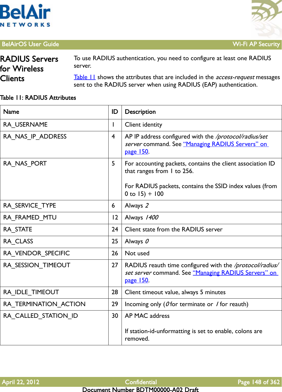 BelAirOS User Guide Wi-Fi AP SecurityApril 22, 2012 Confidential Page 148 of 362Document Number BDTM00000-A02 DraftRADIUS Servers for Wireless ClientsTo use RADIUS authentication, you need to configure at least one RADIUS server.Table 11 shows the attributes that are included in the access-request messages sent to the RADIUS server when using RADIUS (EAP) authentication.Table 11: RADIUS Attributes   Name ID DescriptionRA_USERNAME 1 Client identityRA_NAS_IP_ADDRESS 4 AP IP address configured with the /protocol/radius/set server command. See “Managing RADIUS Servers” on page 150.RA_NAS_PORT 5 For accounting packets, contains the client association ID that ranges from 1 to 256.For RADIUS packets, contains the SSID index values (from 0 to 15) + 100RA_SERVICE_TYPE 6 Always 2RA_FRAMED_MTU 12 Always 1400RA_STATE 24 Client state from the RADIUS serverRA_CLASS 25 Always 0RA_VENDOR_SPECIFIC 26 Not usedRA_SESSION_TIMEOUT 27 RADIUS reauth time configured with the /protocol/radius/set server command. See “Managing RADIUS Servers” on page 150.RA_IDLE_TIMEOUT 28 Client timeout value, always 5 minutesRA_TERMINATION_ACTION 29 Incoming only (0 for terminate or 1 for reauth)RA_CALLED_STATION_ID 30 AP MAC addressIf station-id-unformatting is set to enable, colons are removed.