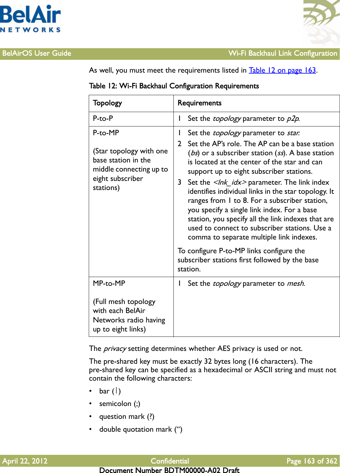 BelAirOS User Guide Wi-Fi Backhaul Link ConfigurationApril 22, 2012 Confidential Page 163 of 362Document Number BDTM00000-A02 DraftAs well, you must meet the requirements listed in Table 12 on page 163. The privacy setting determines whether AES privacy is used or not. The pre-shared key must be exactly 32 bytes long (16 characters). The pre-shared key can be specified as a hexadecimal or ASCII string and must not contain the following characters: •bar (|)•semicolon (;)• question mark (?)• double quotation mark (“)Table 12: Wi-Fi Backhaul Configuration Requirements Topology RequirementsP-to-P 1 Set the topology parameter to p2p.P-to-MP(Star topology with one base station in the middle connecting up to eight subscriber stations)1 Set the topology parameter to star.2 Set the AP’s role. The AP can be a base station (bs) or a subscriber station (ss). A base station is located at the center of the star and can support up to eight subscriber stations.3 Set the &lt;lnk_idx&gt; parameter. The link index identifies individual links in the star topology. It ranges from 1 to 8. For a subscriber station, you specify a single link index. For a base station, you specify all the link indexes that are used to connect to subscriber stations. Use a comma to separate multiple link indexes.To configure P-to-MP links configure the subscriber stations first followed by the base station. MP-to-MP(Full mesh topology with each BelAir Networks radio having up to eight links)1 Set the topology parameter to mesh.