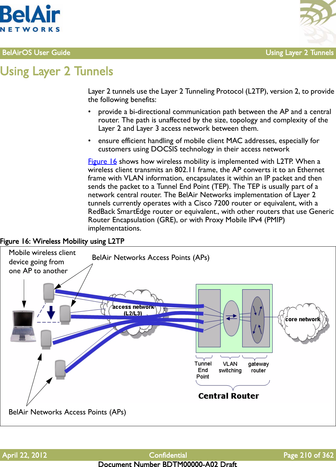 BelAirOS User Guide Using Layer 2 TunnelsApril 22, 2012 Confidential Page 210 of 362Document Number BDTM00000-A02 DraftUsing Layer 2 TunnelsLayer 2 tunnels use the Layer 2 Tunneling Protocol (L2TP), version 2, to provide the following benefits:• provide a bi-directional communication path between the AP and a central router. The path is unaffected by the size, topology and complexity of the Layer 2 and Layer 3 access network between them.• ensure efficient handling of mobile client MAC addresses, especially for customers using DOCSIS technology in their access networkFigure 16 shows how wireless mobility is implemented with L2TP. When a wireless client transmits an 802.11 frame, the AP converts it to an Ethernet frame with VLAN information, encapsulates it within an IP packet and then sends the packet to a Tunnel End Point (TEP). The TEP is usually part of a network central router. The BelAir Networks implementation of Layer 2 tunnels currently operates with a Cisco 7200 router or equivalent, with a RedBack SmartEdge router or equivalent., with other routers that use Generic Router Encapsulation (GRE), or with Proxy Mobile IPv4 (PMIP) implementations.Figure 16: Wireless Mobility using L2TPBelAir Networks Access Points (APs)Mobile wireless client device going from one AP to anotherBelAir Networks Access Points (APs)