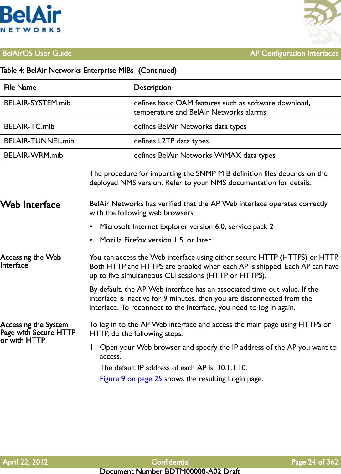 BelAirOS User Guide AP Configuration InterfacesApril 22, 2012 Confidential Page 24 of 362Document Number BDTM00000-A02 DraftThe procedure for importing the SNMP MIB definition files depends on the deployed NMS version. Refer to your NMS documentation for details.Web Interface BelAir Networks has verified that the AP Web interface operates correctly with the following web browsers:• Microsoft Internet Explorer version 6.0, service pack 2• Mozilla Firefox version 1.5, or laterAccessing the Web Interface You can access the Web interface using either secure HTTP (HTTPS) or HTTP. Both HTTP and HTTPS are enabled when each AP is shipped. Each AP can have up to five simultaneous CLI sessions (HTTP or HTTPS). By default, the AP Web interface has an associated time-out value. If the interface is inactive for 9 minutes, then you are disconnected from the interface. To reconnect to the interface, you need to log in again.Accessing the System Page with Secure HTTP or with HTTPTo log in to the AP Web interface and access the main page using HTTPS or HTTP, do the following steps:1 Open your Web browser and specify the IP address of the AP you want to access.The default IP address of each AP is: 10.1.1.10.Figure 9 on page 25 shows the resulting Login page.BELAIR-SYSTEM.mib defines basic OAM features such as software download, temperature and BelAir Networks alarmsBELAIR-TC.mib defines BelAir Networks data typesBELAIR-TUNNEL.mib defines L2TP data typesBELAIR-WRM.mib defines BelAir Networks WiMAX data typesTable 4: BelAir Networks Enterprise MIBs  (Continued)File Name Description