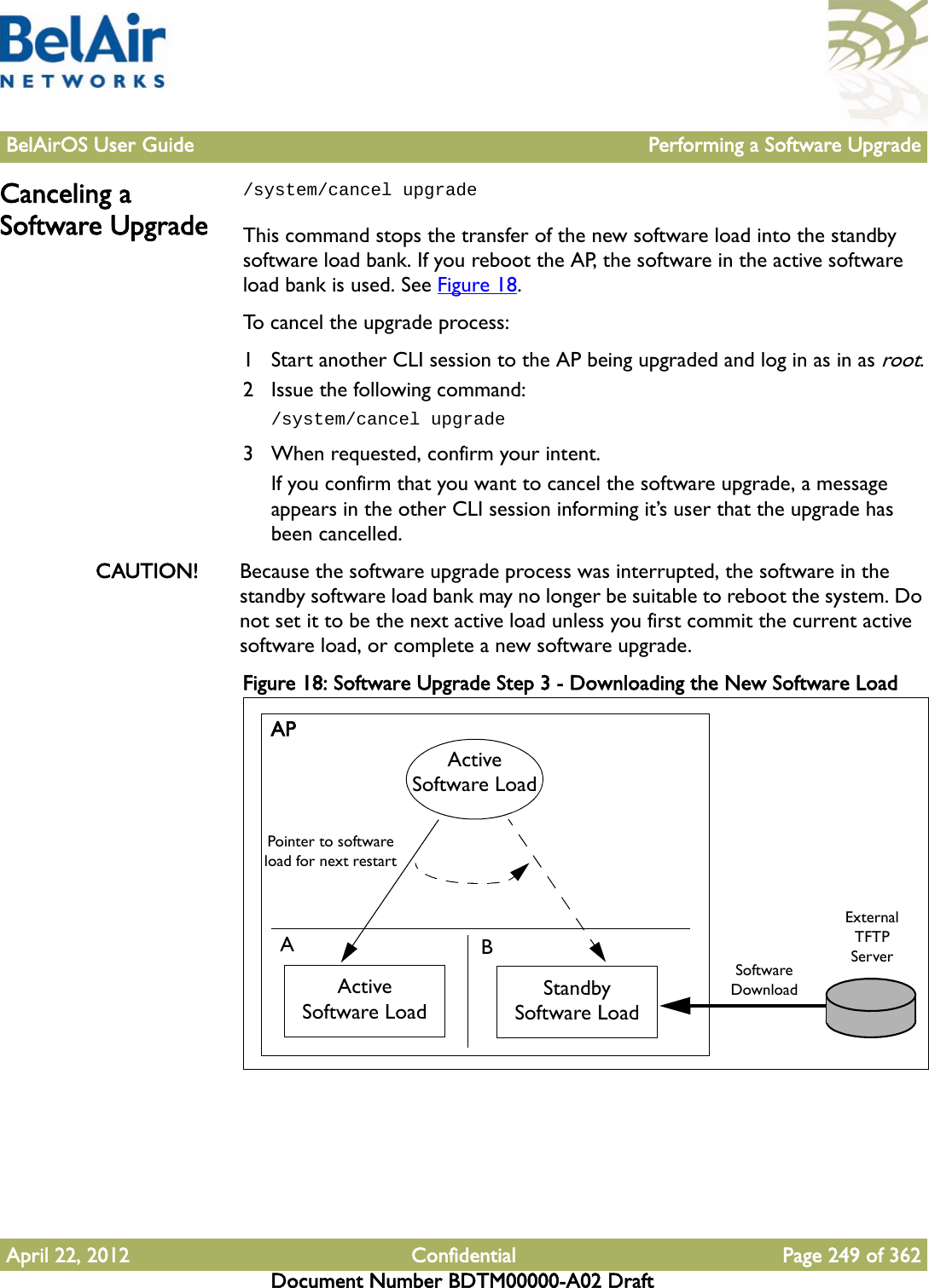 BelAirOS User Guide Performing a Software UpgradeApril 22, 2012 Confidential Page 249 of 362Document Number BDTM00000-A02 DraftCanceling a Software Upgrade/system/cancel upgradeThis command stops the transfer of the new software load into the standby software load bank. If you reboot the AP, the software in the active software load bank is used. See Figure 18.To cancel the upgrade process:1 Start another CLI session to the AP being upgraded and log in as in as root.2 Issue the following command:/system/cancel upgrade3 When requested, confirm your intent.If you confirm that you want to cancel the software upgrade, a message appears in the other CLI session informing it’s user that the upgrade has been cancelled.CAUTION! Because the software upgrade process was interrupted, the software in the standby software load bank may no longer be suitable to reboot the system. Do not set it to be the next active load unless you first commit the current active software load, or complete a new software upgrade.Figure 18: Software Upgrade Step 3 - Downloading the New Software LoadExternal TFTP ServerSoftware DownloadAPABActive Software LoadStandby Software LoadActive Software LoadPointer to software load for next restart