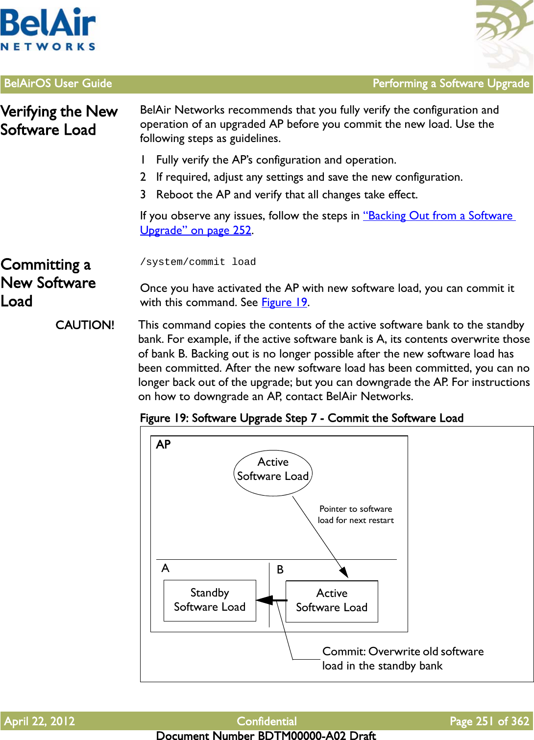 BelAirOS User Guide Performing a Software UpgradeApril 22, 2012 Confidential Page 251 of 362Document Number BDTM00000-A02 DraftVerifying the New Software LoadBelAir Networks recommends that you fully verify the configuration and operation of an upgraded AP before you commit the new load. Use the following steps as guidelines.1 Fully verify the AP’s configuration and operation.2 If required, adjust any settings and save the new configuration.3 Reboot the AP and verify that all changes take effect.If you observe any issues, follow the steps in “Backing Out from a Software Upgrade” on page 252.Committing a New Software Load/system/commit loadOnce you have activated the AP with new software load, you can commit it with this command. See Figure 19.CAUTION! This command copies the contents of the active software bank to the standby bank. For example, if the active software bank is A, its contents overwrite those of bank B. Backing out is no longer possible after the new software load has been committed. After the new software load has been committed, you can no longer back out of the upgrade; but you can downgrade the AP. For instructions on how to downgrade an AP, contact BelAir Networks.Figure 19: Software Upgrade Step 7 - Commit the Software Load APABStandby Software LoadActive Software LoadActive Software LoadPointer to software load for next restartCommit: Overwrite old software load in the standby bank