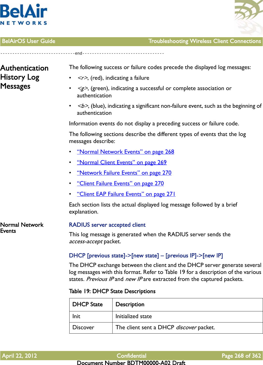 BelAirOS User Guide Troubleshooting Wireless Client ConnectionsApril 22, 2012 Confidential Page 268 of 362Document Number BDTM00000-A02 Draft-------------------------------end----------------------------------Authentication History Log MessagesThe following success or failure codes precede the displayed log messages:•&lt;r&gt;, (red), indicating a failure•&lt;g&gt;, (green), indicating a successful or complete association or authentication•&lt;b&gt;, (blue), indicating a significant non-failure event, such as the beginning of authenticationInformation events do not display a preceding success or failure code. The following sections describe the different types of events that the log messages describe:•“Normal Network Events” on page 268•“Normal Client Events” on page 269•“Network Failure Events” on page 270•“Client Failure Events” on page 270•“Client EAP Failure Events” on page 271Each section lists the actual displayed log message followed by a brief explanation.Normal Network Events RADIUS server accepted clientThis log message is generated when the RADIUS server sends the access-accept packet.DHCP [previous state]-&gt;[new state] – [previous IP]-&gt;[new IP]The DHCP exchange between the client and the DHCP server generate several log messages with this format. Refer to Table 19 for a description of the various states. Previous IP and new IP are extracted from the captured packets.Table 19: DHCP State Descriptions   DHCP State DescriptionInit Initialized stateDiscover The client sent a DHCP discover packet.