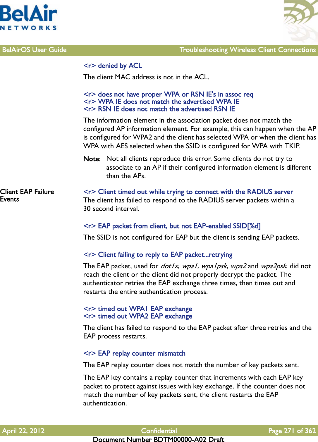 BelAirOS User Guide Troubleshooting Wireless Client ConnectionsApril 22, 2012 Confidential Page 271 of 362Document Number BDTM00000-A02 Draft&lt;r&gt; denied by ACLThe client MAC address is not in the ACL.&lt;r&gt; does not have proper WPA or RSN IE&apos;s in assoc req&lt;r&gt; WPA IE does not match the advertised WPA IE&lt;r&gt; RSN IE does not match the advertised RSN IEThe information element in the association packet does not match the configured AP information element. For example, this can happen when the AP is configured for WPA2 and the client has selected WPA or when the client has WPA with AES selected when the SSID is configured for WPA with TKIP.Note: Not all clients reproduce this error. Some clients do not try to associate to an AP if their configured information element is different than the APs.Client EAP Failure Events &lt;r&gt; Client timed out while trying to connect with the RADIUS serverThe client has failed to respond to the RADIUS server packets within a 30 second interval.&lt;r&gt; EAP packet from client, but not EAP-enabled SSID[%d]The SSID is not configured for EAP but the client is sending EAP packets.&lt;r&gt; Client failing to reply to EAP packet...retryingThe EAP packet, used for dot1x, wpa1, wpa1psk, wpa2 and wpa2psk, did not reach the client or the client did not properly decrypt the packet. The authenticator retries the EAP exchange three times, then times out and restarts the entire authentication process.&lt;r&gt; timed out WPA1 EAP exchange&lt;r&gt; timed out WPA2 EAP exchangeThe client has failed to respond to the EAP packet after three retries and the EAP process restarts.&lt;r&gt; EAP replay counter mismatchThe EAP replay counter does not match the number of key packets sent. The EAP key contains a replay counter that increments with each EAP key packet to protect against issues with key exchange. If the counter does not match the number of key packets sent, the client restarts the EAP authentication.