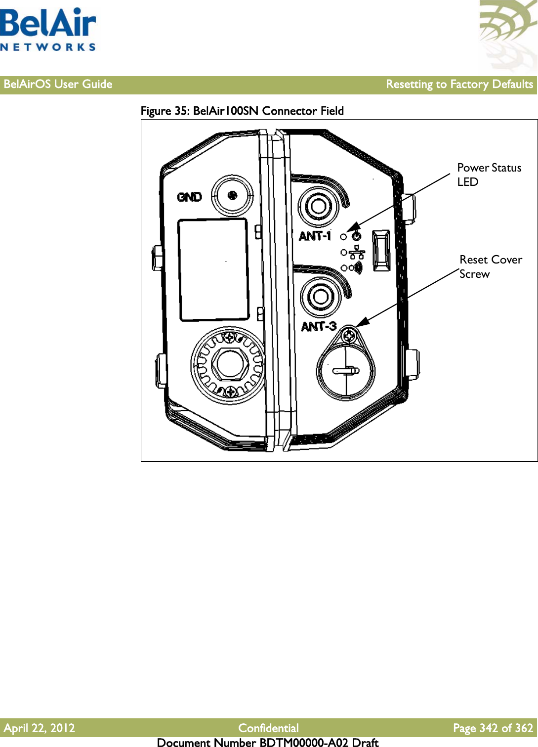 BelAirOS User Guide Resetting to Factory DefaultsApril 22, 2012 Confidential Page 342 of 362Document Number BDTM00000-A02 DraftFigure 35: BelAir100SN Connector Field Reset CoverScrewPower Status LED