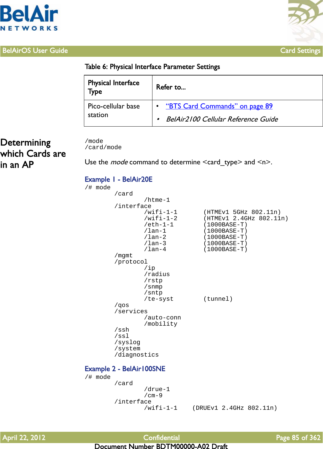 BelAirOS User Guide Card SettingsApril 22, 2012 Confidential Page 85 of 362Document Number BDTM00000-A02 DraftDetermining which Cards are in an AP/mode/card/modeUse the mode command to determine &lt;card_type&gt; and &lt;n&gt;.Example 1 - BelAir20E/# mode        /card                /htme-1        /interface                /wifi-1-1       (HTMEv1 5GHz 802.11n)                /wifi-1-2       (HTMEv1 2.4GHz 802.11n)                /eth-1-1        (1000BASE-T)                /lan-1          (1000BASE-T)                /lan-2          (1000BASE-T)                /lan-3          (1000BASE-T)                /lan-4          (1000BASE-T)        /mgmt        /protocol                /ip                /radius                /rstp                /snmp                /sntp                /te-syst        (tunnel)        /qos        /services                /auto-conn                /mobility        /ssh        /ssl        /syslog        /system        /diagnosticsExample 2 - BelAir100SNE/# mode        /card                /drue-1                /cm-9        /interface                /wifi-1-1    (DRUEv1 2.4GHz 802.11n)Pico-cellular base station•“BTS Card Commands” on page 89• BelAir2100 Cellular Reference GuideTable 6: Physical Interface Parameter SettingsPhysical Interface Type Refer to...