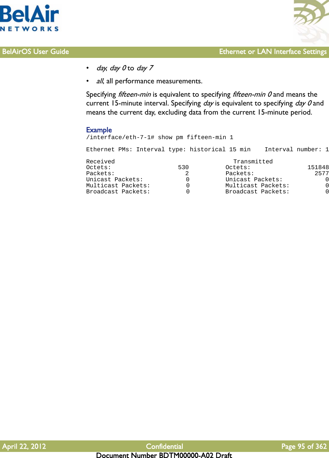 BelAirOS User Guide Ethernet or LAN Interface SettingsApril 22, 2012 Confidential Page 95 of 362Document Number BDTM00000-A02 Draft•day, day 0 to day 7•all, all performance measurements.Specifying fifteen-min is equivalent to specifying fifteen-min 0 and means the current 15-minute interval. Specifying day is equivalent to specifying day 0 and means the current day, excluding data from the current 15-minute period.Example/interface/eth-7-1# show pm fifteen-min 1Ethernet PMs: Interval type: historical 15 min    Interval number: 1Received                                 TransmittedOctets:                    530           Octets:                 151848Packets:                     2           Packets:                  2577Unicast Packets:             0           Unicast Packets:             0Multicast Packets:           0           Multicast Packets:           0Broadcast Packets:           0           Broadcast Packets:           0