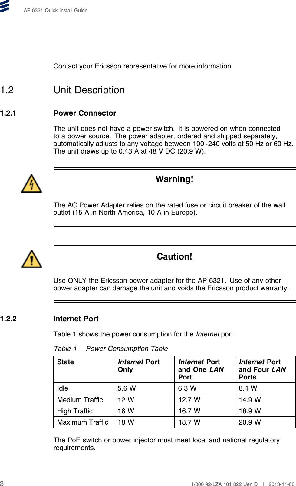 AP 6321 Quick Install GuideContact your Ericsson representative for more information.1.2 Unit Description1.2.1 Power ConnectorThe unit does not have a power switch. It is powered on when connectedto a power source. The power adapter, ordered and shipped separately,automatically adjusts to any voltage between 100~240 volts at 50 Hz or 60 Hz.The unit draws up to 0.43 A at 48 V DC (20.9 W).Warning!The AC Power Adapter relies on the rated fuse or circuit breaker of the walloutlet (15 A in North America, 10 A in Europe).Caution!Use ONLY the Ericsson power adapter for the AP 6321. Use of any otherpower adapter can damage the unit and voids the Ericsson product warranty.1.2.2 Internet PortTable 1 shows the power consumption for the Internet port.Table 1 Power Consumption TableState Internet PortOnlyInternet Portand One LANPortInternet Portand Four LANPortsIdle 5.6 W 6.3 W 8.4 WMedium Traffic 12 W 12.7 W 14.9 WHigh Traffic 16 W 16.7 W 18.9 WMaximum Traffic 18 W 18.7 W 20.9 WThe PoE switch or power injector must meet local and national regulatoryrequirements.31/006 92-LZA 101 822 Uen D | 2013-11-08