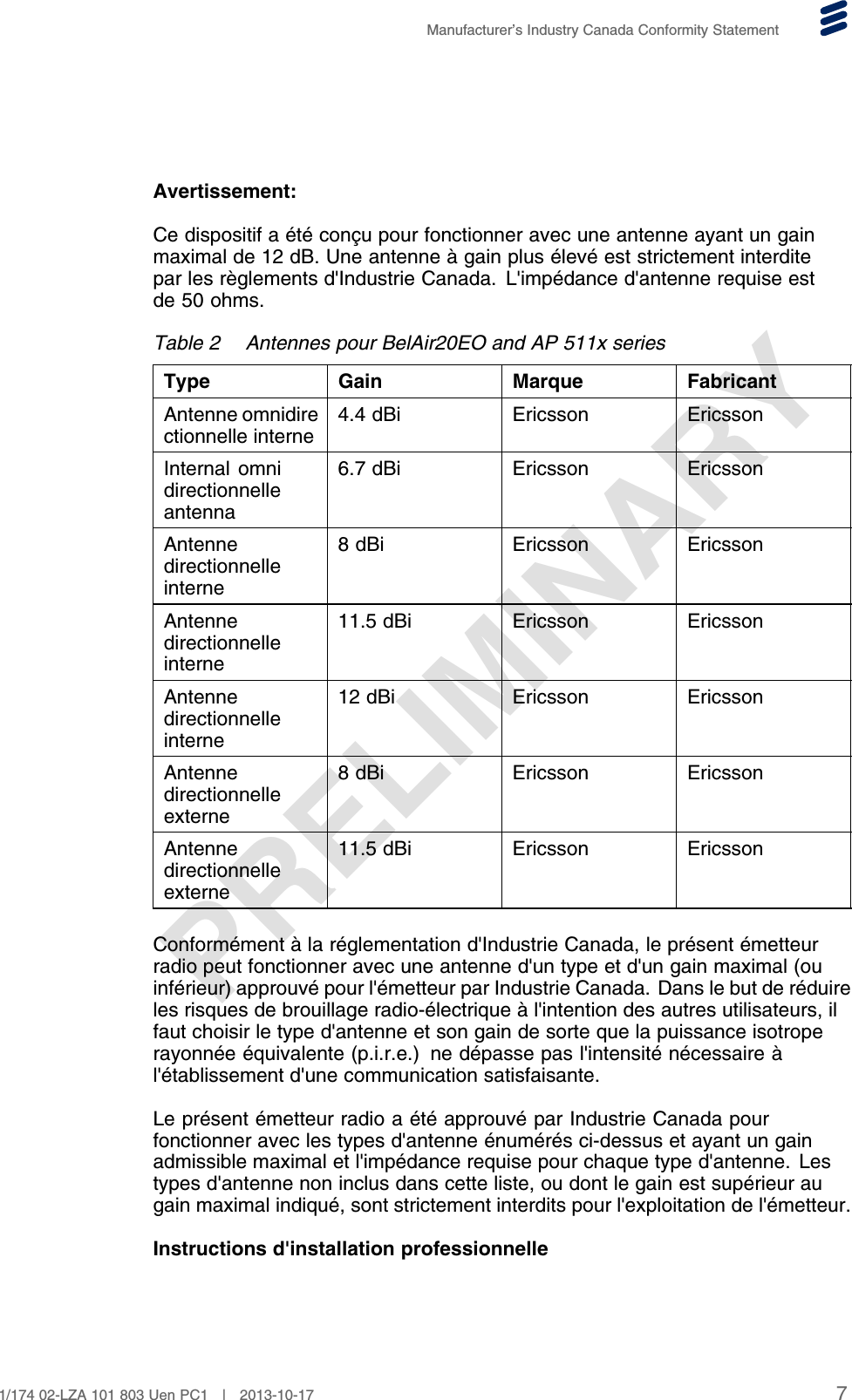 PRELIMINARYManufacturer’s Industry Canada Conformity StatementAvertissement:Ce dispositif a été conçu pour fonctionner avec une antenne ayant un gainmaximal de 12 dB. Une antenne à gain plus élevé est strictement interditepar les règlements d&apos;Industrie Canada. L&apos;impédance d&apos;antenne requise estde 50 ohms.Table 2 Antennes pour BelAir20EO and AP 511x seriesType Gain Marque FabricantAntenne omnidirectionnelle interne 4.4 dBi Ericsson EricssonInternal omnidirectionnelleantenna6.7 dBi Ericsson EricssonAntennedirectionnelleinterne8 dBi Ericsson EricssonAntennedirectionnelleinterne11.5 dBi Ericsson EricssonAntennedirectionnelleinterne12 dBi Ericsson EricssonAntennedirectionnelleexterne8 dBi Ericsson EricssonAntennedirectionnelleexterne11.5 dBi Ericsson EricssonConformément à la réglementation d&apos;Industrie Canada, le présent émetteurradio peut fonctionner avec une antenne d&apos;un type et d&apos;un gain maximal (ouinférieur) approuvé pour l&apos;émetteur par Industrie Canada. Dans le but de réduireles risques de brouillage radio-électrique à l&apos;intention des autres utilisateurs, ilfaut choisir le type d&apos;antenne et son gain de sorte que la puissance isotroperayonnée équivalente (p.i.r.e.) ne dépasse pas l&apos;intensité nécessaire àl&apos;établissement d&apos;une communication satisfaisante.Le présent émetteur radio a été approuvé par Industrie Canada pourfonctionner avec les types d&apos;antenne énumérés ci-dessus et ayant un gainadmissible maximal et l&apos;impédance requise pour chaque type d&apos;antenne. Lestypes d&apos;antenne non inclus dans cette liste, ou dont le gain est supérieur augain maximal indiqué, sont strictement interdits pour l&apos;exploitation de l&apos;émetteur.Instructions d&apos;installation professionnelle71/174 02-LZA 101 803 Uen PC1 | 2013-10-17