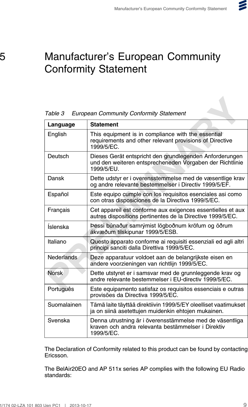 PRELIMINARYManufacturer’s European Community Conformity Statement5 Manufacturer’s European CommunityConformity StatementTable 3 European Community Conformity StatementLanguage StatementEnglish This equipment is in compliance with the essentialrequirements and other relevant provisions of Directive1999/5/EC.Deutsch Dieses Gerät entspricht den grundlegenden Anforderungenund den weiteren entsprecheneden Vorgaben der Richtlinie1999/5/EU.Dansk Dette udstyr er i overensstemmelse med de væsentlige kravog andre relevante bestemmelser i Directiv 1999/5/EF.Español Este equipo cumple con los requisitos esenciales asi comocon otras disposiciones de la Directiva 1999/5/EC.Français Cet appareil est conforme aux exigences essentielles et auxautres dispositions pertinentes de la Directive 1999/5/EC.Íslenska Þessi búnaður samrýmist lögboðnum kröfum og öðrumákvæðum tilskipunar 1999/5/ESB.Italiano Questo apparato conforme ai requisiti essenziali ed agli altriprincipi sanciti dalla Direttiva 1999/5/EC.Nederlands Deze apparatuur voldoet aan de belangrijkste eisen enandere voorzieningen van richtlijn 1999/5/EC.Norsk Dette utstyret er i samsvar med de grunnleggende krav ogandre relevante bestemmelser i EU-directiv 1999/5/EC.Português Este equipamento satisfaz os requisitos essenciais e outrasprovisões da Directiva 1999/5/EC.Suomalainen Tämä laite täyttää direktiivin 1999/5/EY oleelliset vaatimuksetja on siinä asetettujen muidenkin ehtojen mukainen.Svenska Denna utrustning är i överensstämmelse med de väsentligakraven och andra relevanta bestämmelser i Direktiv1999/5/EC.The Declaration of Conformity related to this product can be found by contactingEricsson.The BelAir20EO and AP 511x series AP complies with the following EU Radiostandards:91/174 02-LZA 101 803 Uen PC1 | 2013-10-17