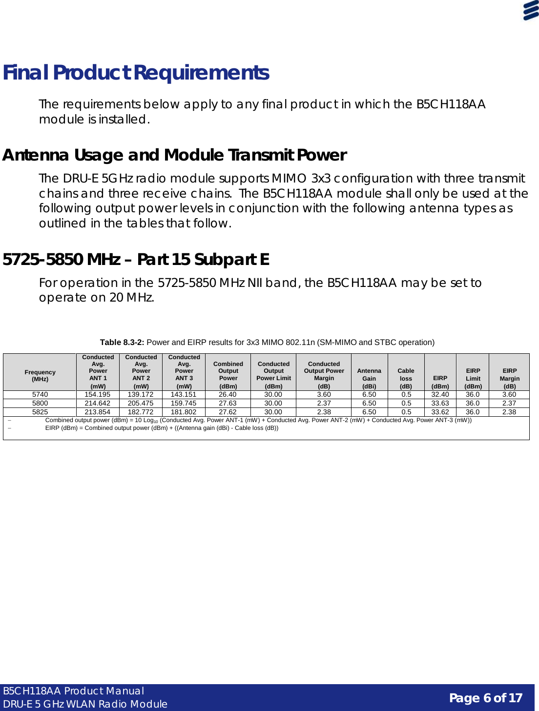 Page 6 of 17 B5CH118AA Product Manual DRU-E 5 GHz WLAN Radio Module      Final Product Requirements  The requirements below apply to any final product in which the B5CH118AA module is installed.   Antenna Usage and Module Transmit Power  The DRU-E 5GHz radio module supports MIMO 3x3 configuration with three transmit chains and three receive chains.  The B5CH118AA module shall only be used at the following output power levels in conjunction with the following antenna types as outlined in the tables that follow.   5725-5850 MHz – Part 15 Subpart E  For operation in the 5725-5850 MHz NII band, the B5CH118AA may be set to operate on 20 MHz.    Table 8.3-2: Power and EIRP results for 3x3 MIMO 802.11n (SM-MIMO and STBC operation)   Frequency (MHz) Conducted Avg. Power ANT 1 (mW) Conducted Avg. Power ANT 2 (mW) Conducted Avg. Power ANT 3 (mW)  Combined Output Power (dBm)  Conducted Output Power Limit (dBm)  Conducted Output Power Margin (dB)  Antenna Gain (dBi)  Cable loss (dB)   EIRP (dBm)  EIRP Limit (dBm)  EIRP Margin (dB) 5740 154.195 139.172 143.151 26.40 30.00 3.60 6.50 0.5 32.40 36.0 3.60 5800 214.642 205.475 159.745 27.63 30.00 2.37 6.50 0.5 33.63 36.0 2.37 5825 213.854 182.772 181.802 27.62 30.00 2.38 6.50 0.5 33.62 36.0 2.38 − Combined output power (dBm) = 10 Log10 (Conducted Avg. Power ANT-1 (mW) + Conducted Avg. Power ANT-2 (mW) + Conducted Avg. Power ANT-3 (mW)) − EIRP (dBm) = Combined output power (dBm) + ((Antenna gain (dBi) - Cable loss (dB)) 