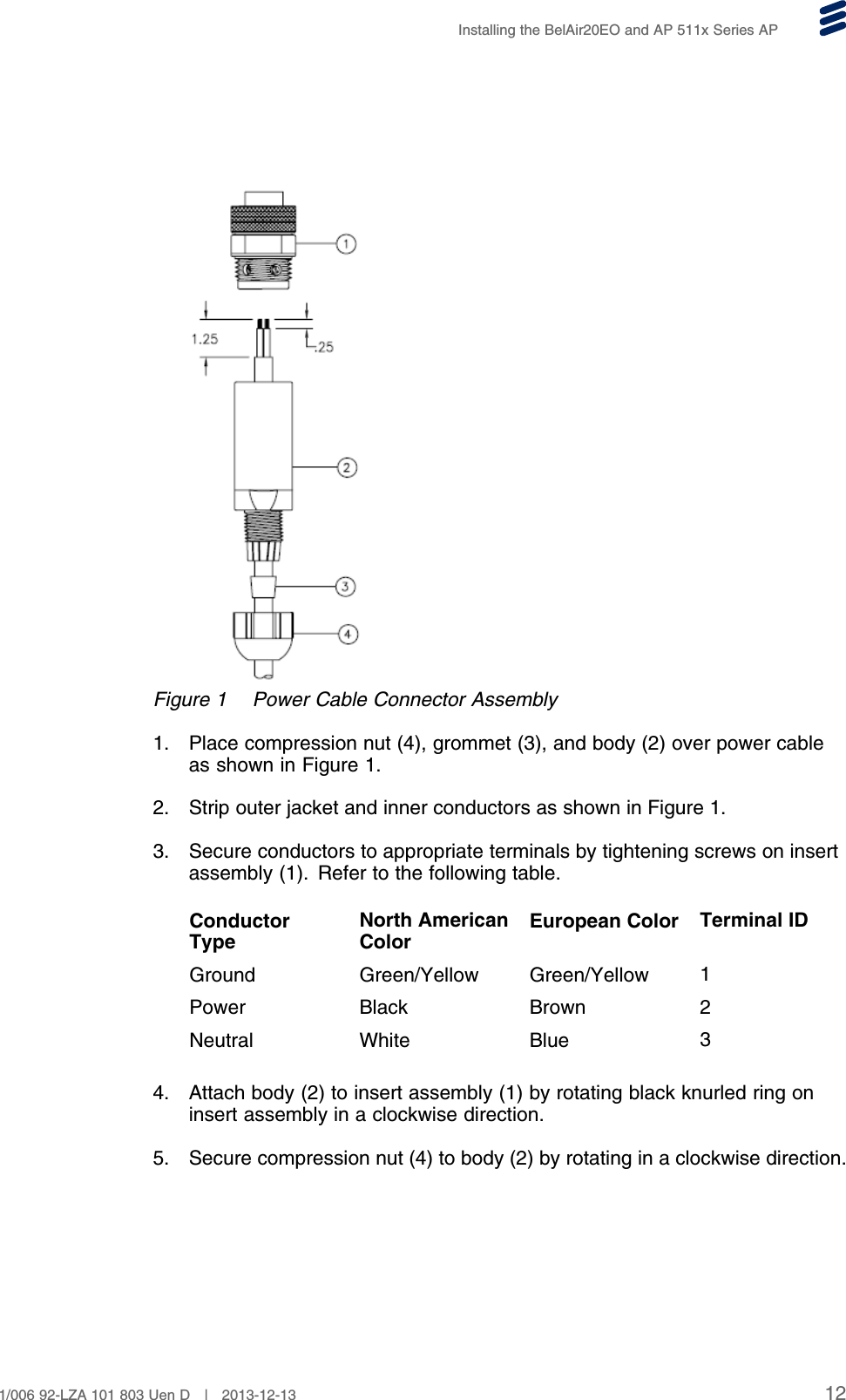 Installing the BelAir20EO and AP 511x Series APFigure 1 Power Cable Connector Assembly1. Place compression nut (4), grommet (3), and body (2) over power cableas shown in Figure 1.2. Strip outer jacket and inner conductors as shown in Figure 1.3. Secure conductors to appropriate terminals by tightening screws on insertassembly (1). Refer to the following table.ConductorTypeNorth AmericanColorEuropean Color Terminal IDGround Green/Yellow Green/Yellow 1Power Black Brown 2Neutral White Blue 34. Attach body (2) to insert assembly (1) by rotating black knurled ring oninsert assembly in a clockwise direction.5. Secure compression nut (4) to body (2) by rotating in a clockwise direction.121/006 92-LZA 101 803 Uen D | 2013-12-13