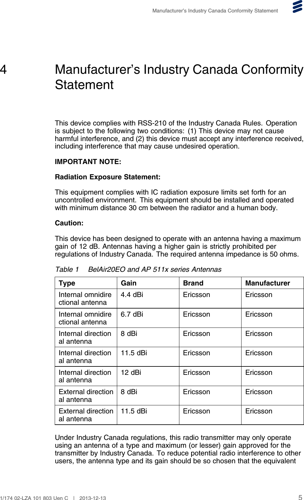 Manufacturer’s Industry Canada Conformity Statement4 Manufacturer’s Industry Canada ConformityStatementThis device complies with RSS-210 of the Industry Canada Rules. Operationis subject to the following two conditions: (1) This device may not causeharmful interference, and (2) this device must accept any interference received,including interference that may cause undesired operation.IMPORTANT NOTE:Radiation Exposure Statement:This equipment complies with IC radiation exposure limits set forth for anuncontrolled environment. This equipment should be installed and operatedwith minimum distance 30 cm between the radiator and a human body.Caution:This device has been designed to operate with an antenna having a maximumgain of 12 dB. Antennas having a higher gain is strictly prohibited perregulations of Industry Canada. The required antenna impedance is 50 ohms.Table 1 BelAir20EO and AP 511x series AntennasType Gain Brand ManufacturerInternal omnidirectional antenna 4.4 dBi Ericsson EricssonInternal omnidirectional antenna 6.7 dBi Ericsson EricssonInternal directional antenna 8 dBi Ericsson EricssonInternal directional antenna 11.5 dBi Ericsson EricssonInternal directional antenna 12 dBi Ericsson EricssonExternal directional antenna 8 dBi Ericsson EricssonExternal directional antenna 11.5 dBi Ericsson EricssonUnder Industry Canada regulations, this radio transmitter may only operateusing an antenna of a type and maximum (or lesser) gain approved for thetransmitter by Industry Canada. To reduce potential radio interference to otherusers, the antenna type and its gain should be so chosen that the equivalent51/174 02-LZA 101 803 Uen C | 2013-12-13