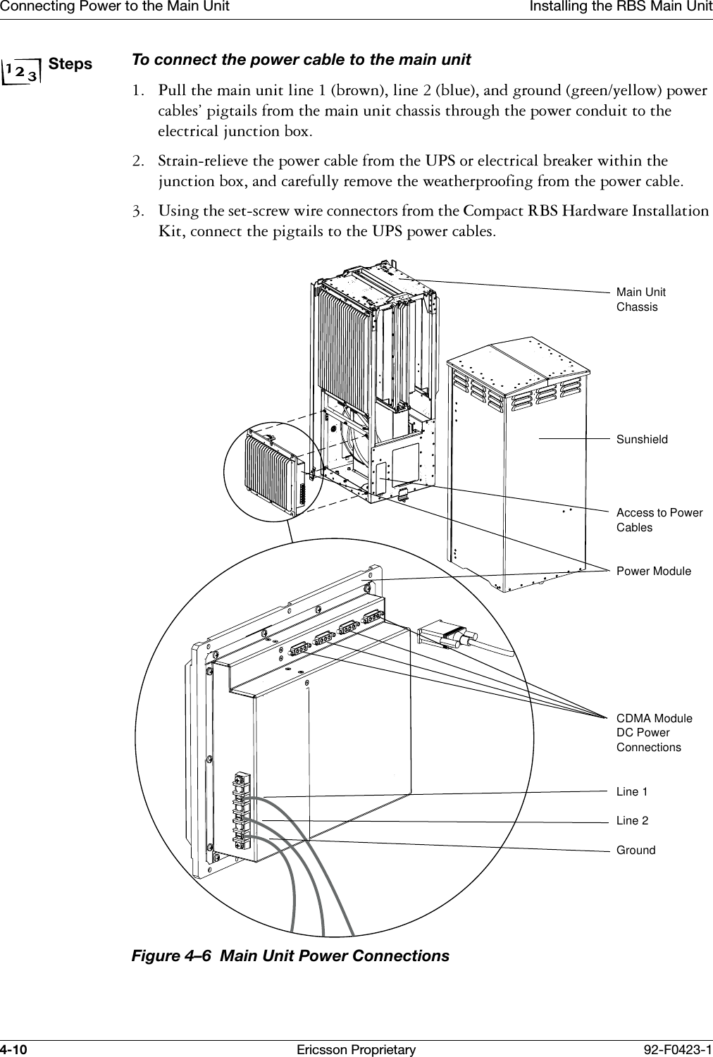 Connecting Power to the Main Unit Installing the RBS Main Unit4-10 Ericsson Proprietary 92-F0423-1StepsTo connect the power cable to the main unit 3XOOWKHPDLQXQLWOLQHEURZQOLQHEOXHDQGJURXQGJUHHQ\HOORZSRZHUFDEOHV&ordf;SLJWDLOVIURPWKHPDLQXQLWFKDVVLVWKURXJKWKHSRZHUFRQGXLWWRWKHHOHFWULFDOMXQFWLRQER[ 6WUDLQUHOLHYHWKHSRZHUFDEOHIURPWKH836RUHOHFWULFDOEUHDNHUZLWKLQWKHMXQFWLRQER[DQGFDUHIXOO\UHPRYHWKHZHDWKHUSURRILQJIURPWKHSRZHUFDEOH 8VLQJWKHVHWVFUHZZLUHFRQQHFWRUVIURPWKH&amp;RPSDFW5%6+DUGZDUH,QVWDOODWLRQ.LWFRQQHFWWKHSLJWDLOVWRWKH836SRZHUFDEOHVFigure 4&ndash;6  Main Unit Power ConnectionsMain Unit ChassisSunshieldAccess to Power CablesPower ModuleCDMA Module DC Power ConnectionsLine 1Line 2Ground