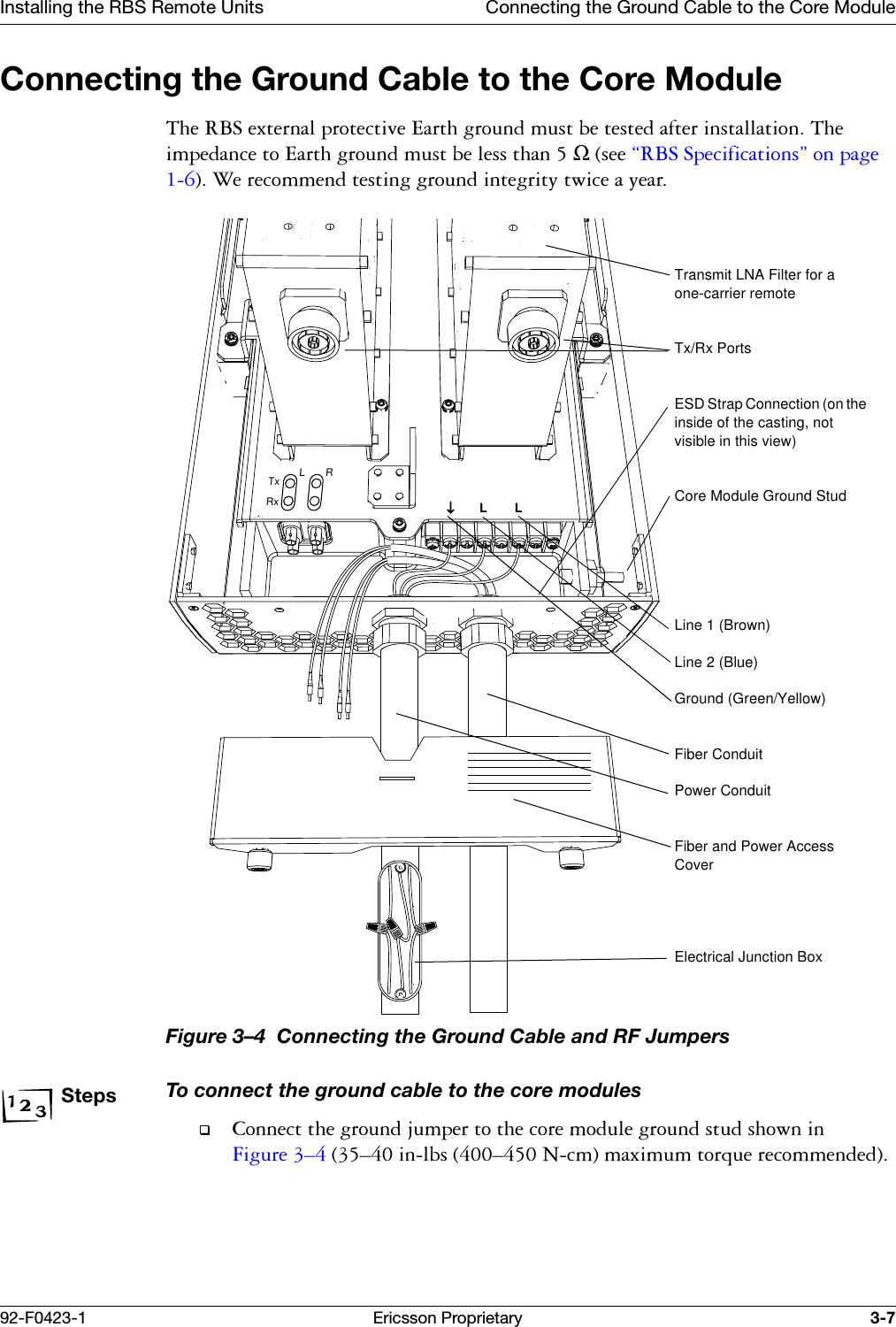 Installing the RBS Remote Units Connecting the Ground Cable to the Core Module92-F0423-1 Ericsson Proprietary 3-7Connecting the Ground Cable to the Core Module7KH5%6H[WHUQDOSURWHFWLYH(DUWKJURXQGPXVWEHWHVWHGDIWHULQVWDOODWLRQ7KHLPSHGDQFHWR(DUWKJURXQGPXVWEHOHVVWKDQΩVHH&sect;5%66SHFLILFDWLRQV&uml;RQSDJH:HUHFRPPHQGWHVWLQJJURXQGLQWHJULW\WZLFHD\HDUFigure 3&ndash;4  Connecting the Ground Cable and RF JumpersStepsTo connect the ground cable to the core modules&amp;RQQHFWWKHJURXQGMXPSHUWRWKHFRUHPRGXOHJURXQGVWXGVKRZQLQ)LJXUH &yen;&yen;LQOEV&yen;1FPPD[LPXPWRUTXHUHFRPPHQGHGL&darr;LLRTxRxTransmit LNA Filter for a one-carrier remoteTx/Rx PortsESD Strap Connection (on the inside of the casting, not visible in this view)Core Module Ground StudLine 1 (Brown)Line 2 (Blue)Ground (Green/Yellow)Fiber ConduitPower ConduitFiber and Power Access CoverElectrical Junction Box