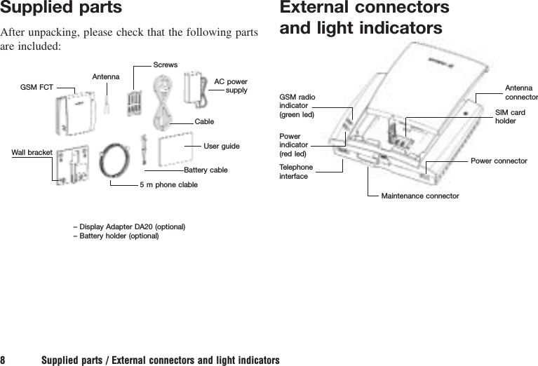 Supplied partsAfter unpacking, please check that the following partsare included:8 Supplied parts / External connectors and light indicatorsExternal connectors and light indicatorsAntennaGSM FCTCableUser guideBattery cable5 m phone clableScrewsAC power supplyWall bracket– Display Adapter DA20 (optional)– Battery holder (optional)Antenna connectorPower connectorGSM radioindicator(green led)Power indicator (red led)Telephone interfaceMaintenance connectorSIM card holder