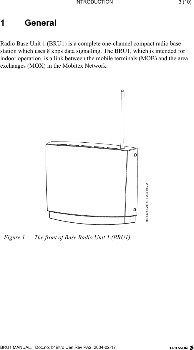 Ericsson BRU19 BRU19 Mobitex Base Station User Manual b1intro