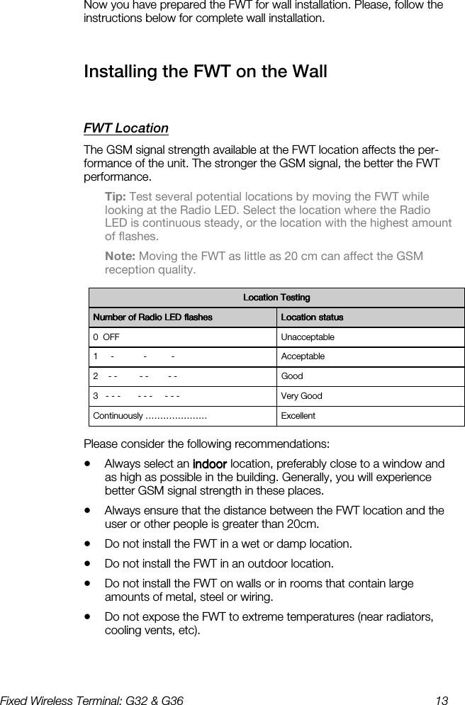 Fixed Wireless Terminal: G32 &amp; G36  13  Now you have prepared the FWT for wall installation. Please, follow the instructions below for complete wall installation. Installing the FWT on the Wall    FWT Location    The GSM signal strength available at the FWT location affects the per-formance of the unit. The stronger the GSM signal, the better the FWT performance. Tip: Test several potential locations by moving the FWT while looking at the Radio LED. Select the location where the Radio LED is continuous steady, or the location with the highest amount of flashes. Note: Moving the FWT as little as 20 cm can affect the GSM reception quality.  Please consider the following recommendations: •  Always select an indoor indoor indoor indoor location, preferably close to a window and as high as possible in the building. Generally, you will experience better GSM signal strength in these places. •  Always ensure that the distance between the FWT location and the user or other people is greater than 20cm. •  Do not install the FWT in a wet or damp location. •  Do not install the FWT in an outdoor location. •  Do not install the FWT on walls or in rooms that contain large amounts of metal, steel or wiring. •  Do not expose the FWT to extreme temperatures (near radiators, cooling vents, etc). Number of Radio LED flashesNumber of Radio LED flashesNumber of Radio LED flashesNumber of Radio LED flashes     Location statusLocation statusLocation statusLocation status    0  OFF  Unacceptable 1     -            -          -  Acceptable 2    - -         - -        - -  Good 3   - - -       - - -     - - -  Very Good Continuously …………………  Excellent Location TestingLocation TestingLocation TestingLocation Testing    