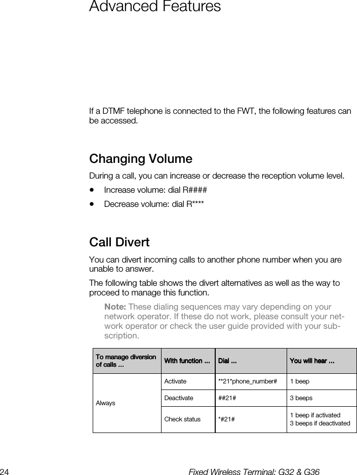 24  Fixed Wireless Terminal: G32 &amp; G36  Advanced Features If a DTMF telephone is connected to the FWT, the following features can be accessed. Changing Volume    During a call, you can increase or decrease the reception volume level. •  Increase volume: dial R####  •  Decrease volume: dial R**** Call Divert    You can divert incoming calls to another phone number when you are unable to answer. The following table shows the divert alternatives as well as the way to proceed to manage this function. Note: These dialing sequences may vary depending on your network operator. If these do not work, please consult your net-work operator or check the user guide provided with your sub-scription.  To manage diversion To manage diversion To manage diversion To manage diversion of calls ...of calls ...of calls ...of calls ...    With function ...With function ...With function ...With function ...     Dial ...Dial ...Dial ...Dial ...     You will hear ...You will hear ...You will hear ...You will hear ...    Always Activate  **21*phone_number#  1 beep Deactivate  ##21#  3 beeps Check status  *#21#  1 beep if activated 3 beeps if deactivated 