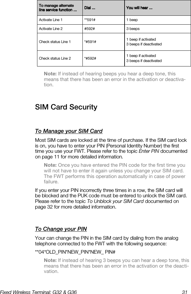 Fixed Wireless Terminal: G32 &amp; G36  31   Note: If instead of hearing beeps you hear a deep tone, this means that there has been an error in the activation or deactiva-tion. SIM Card Security    To Manage your SIM Card    Most SIM cards are locked at the time of purchase. If the SIM card lock is on, you have to enter your PIN (Personal Identity Number) the first time you use your FWT. Please refer to the topic Enter PIN documented on page 11 for more detailed information. Note: Once you have entered the PIN code for the first time you will not have to enter it again unless you change your SIM card. The FWT performs this operation automatically in case of power failure. If you enter your PIN incorrectly three times in a row, the SIM card will be blocked and the PUK code must be entered to unlock the SIM card.  Please refer to the topic To Unblock your SIM Card documented on page 32 for more detailed information. To Change your PIN    Your can change the PIN in the SIM card by dialing from the analog telephone connected to the FWT with the following sequence: **04*OLD_PIN*NEW_PIN*NEW_ PIN# Note: If instead of hearing 3 beeps you can hear a deep tone, this means that there has been an error in the activation or the deacti-vation. To manage alternate To manage alternate To manage alternate To manage alternate line service function ...line service function ...line service function ...line service function ...    Dial ...Dial ...Dial ...Dial ...     You will hear ...You will hear ...You will hear ...You will hear ...    Activate Line 1  **591#  1 beep #592#  3 beeps *#591#  1 beep if activated 3 beeps if deactivated *#592#  1 beep if activated 3 beeps if deactivated Activate Line 2 Check status Line 1 Check status Line 2 