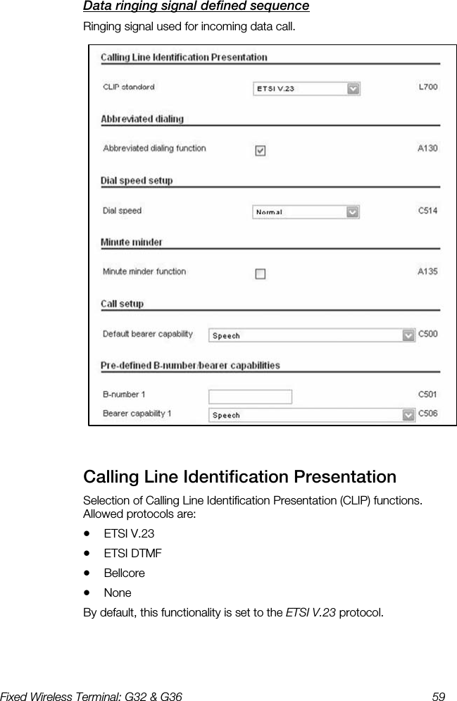 Fixed Wireless Terminal: G32 &amp; G36  59  Data ringing signal defined sequence    Ringing signal used for incoming data call.  Calling Line Identification Presentation    Selection of Calling Line Identification Presentation (CLIP) functions. Allowed protocols are: •  ETSI V.23 •  ETSI DTMF •  Bellcore •  None By default, this functionality is set to the ETSI V.23 protocol.  